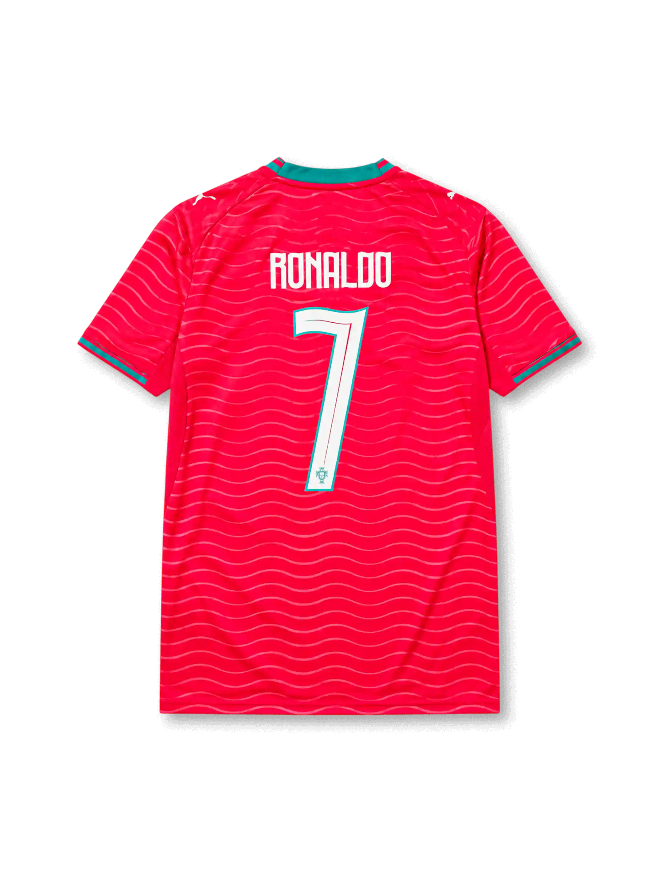 ポルトガル代表 2026 ワールドカップ レプリカユニフォーム バック、ターコイズ縁取りの白RONALDOネームと連盟紋章入り大型背番号7、レッドボディの波状トーナル柄、ティールグリーンの襟