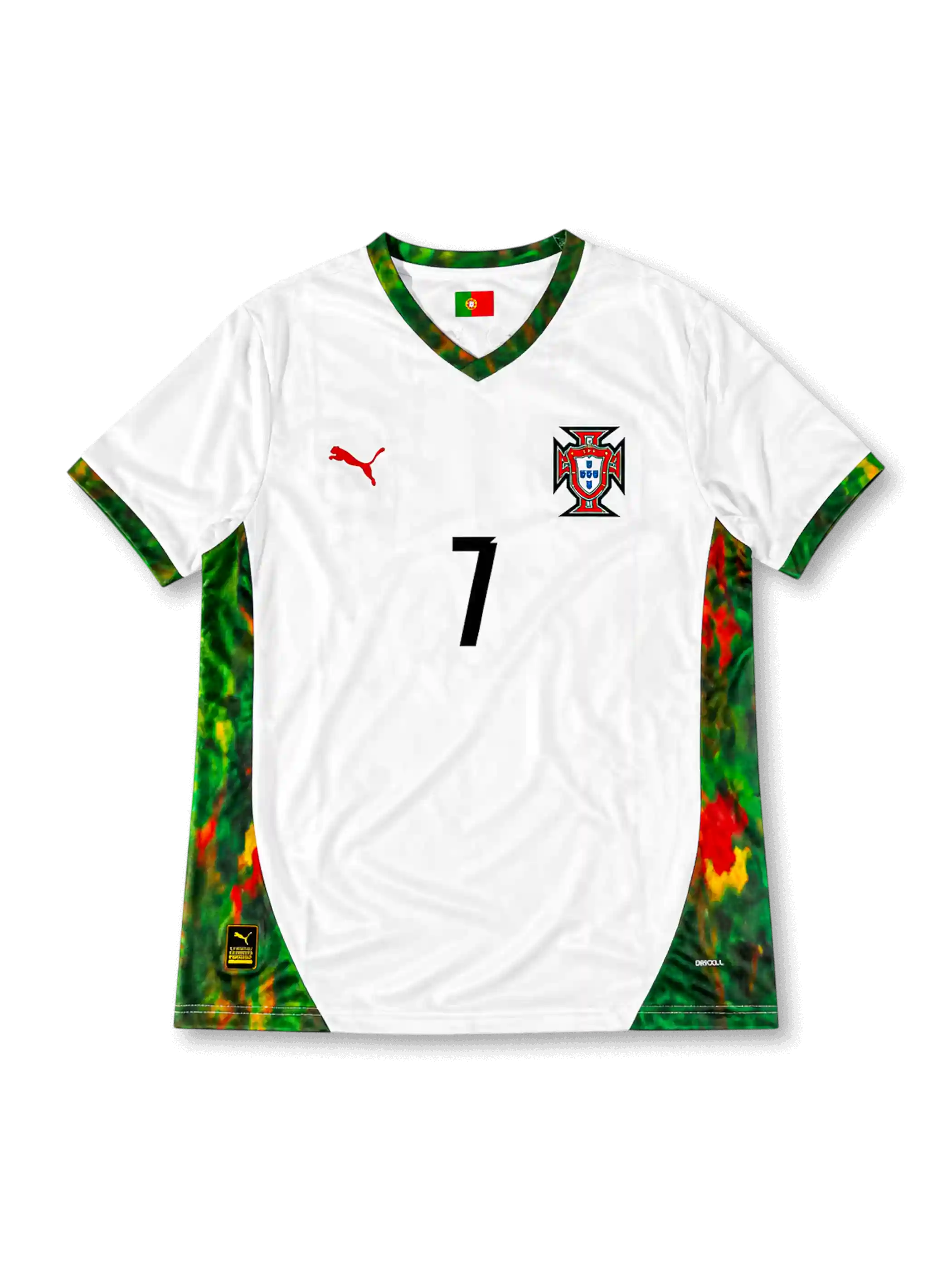 ポルトガル代表 2026 ワールドカップ ホワイト レプリカユニフォーム フロント、純白ボディに緑赤の抽象アートサイドパネル、襟元にポルトガル国旗ワッペン、右胸に連盟紋章、赤のキャットロゴ、黒の胸番号7、アート柄のVネックと袖口