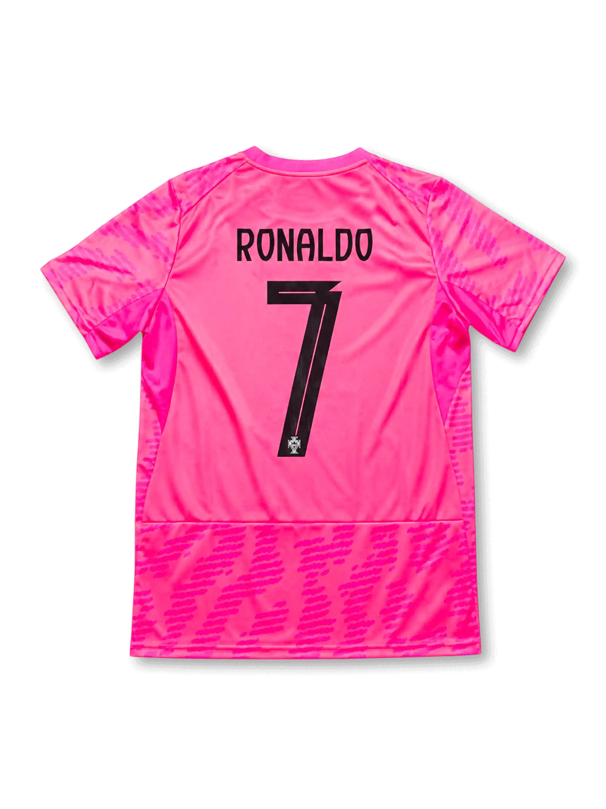 ポルトガル代表 2026 ワールドカップ ピンク レプリカユニフォーム バック、黒のRONALDOネームと連盟紋章入り大型背番号7、ネオンピンクボディ、裾の大胆なトーナルパターン
