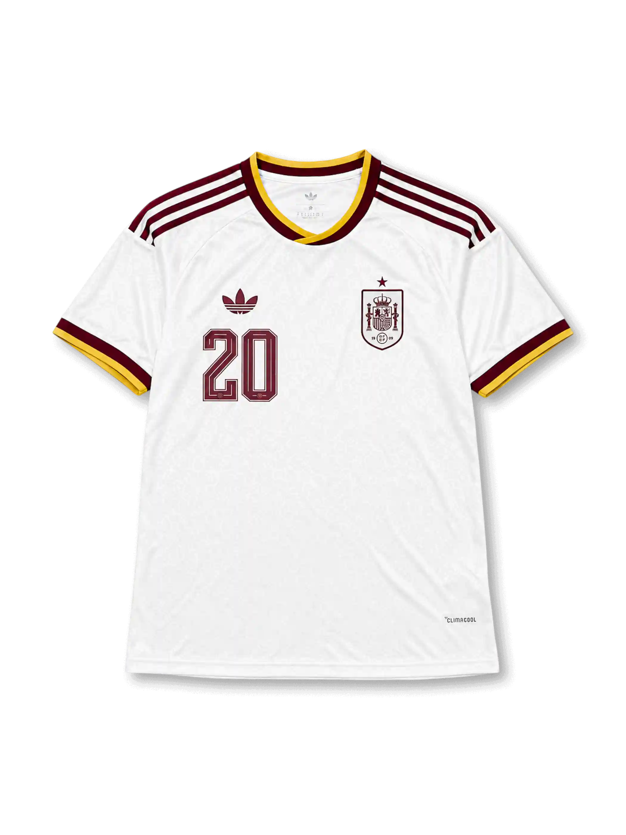 スペイン代表 2026 ワールドカップ アウェイ レプリカユニフォーム フロント、白ボディにオーナメント調トーナル総柄、右胸にバーガンディ1色のスペイン連盟エンブレムと星、左胸にトレフォイルロゴと胸番号20、バーガンディと金のVネックと肩3ストライプ