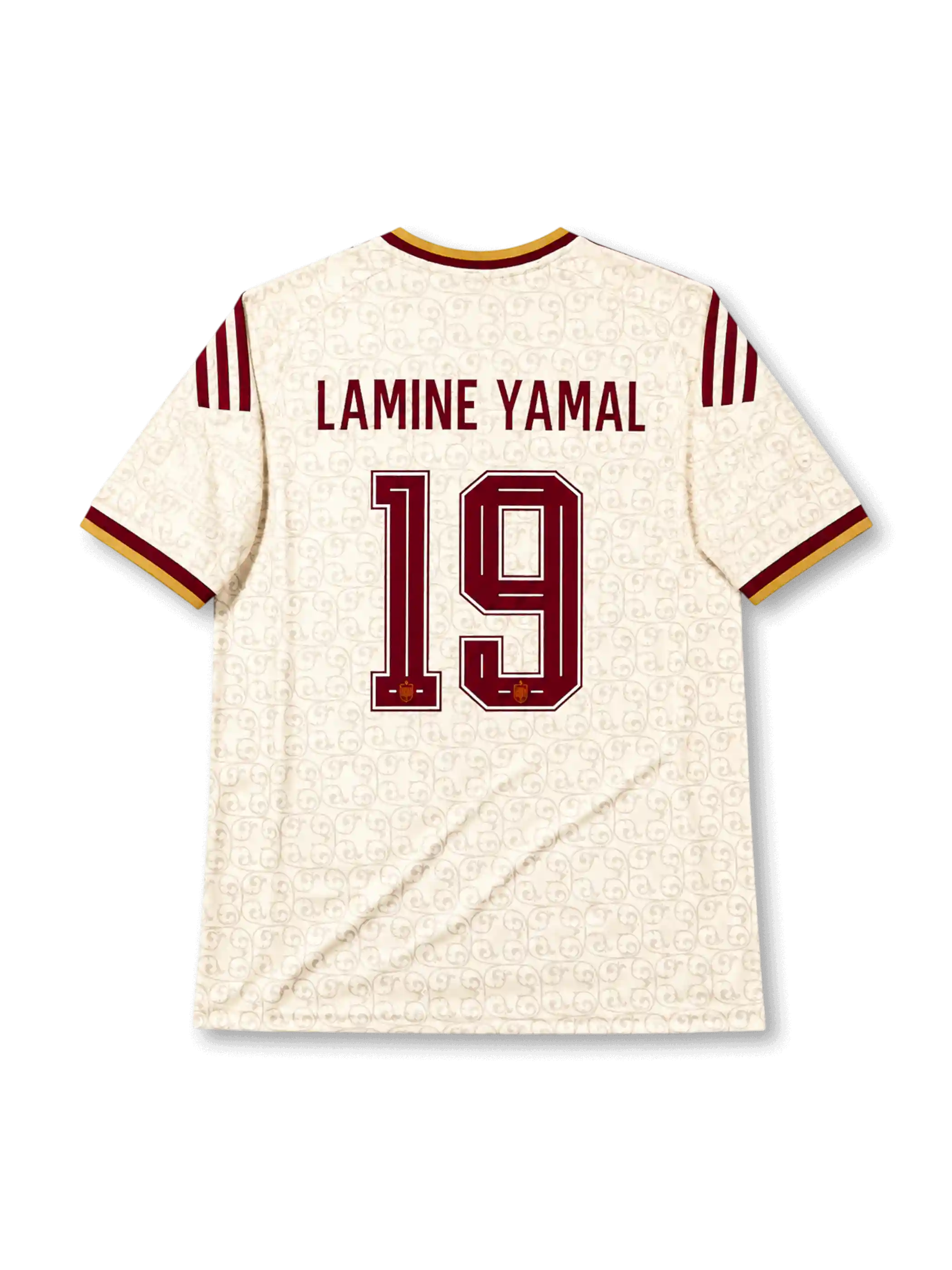 スペイン代表 2026 ワールドカップ アウェイ レプリカユニフォーム バック、バーガンディのLAMINE YAMALネームと連盟エンブレム入り大型背番号19、生成りボディのトーナル総柄、バーガンディと金の袖口と肩3ストライプ