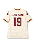 スペイン代表 2026 ワールドカップ アウェイ レプリカユニフォーム バック、バーガンディのLAMINE YAMALネームと連盟エンブレム入り大型背番号19、生成りボディのトーナル総柄、バーガンディと金の袖口と肩3ストライプ