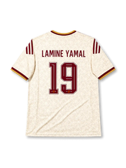 スペイン代表 2026 ワールドカップ アウェイ レプリカユニフォーム バック、バーガンディのLAMINE YAMALネームと連盟エンブレム入り大型背番号19、生成りボディのトーナル総柄、バーガンディと金の袖口と肩3ストライプ