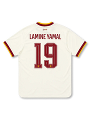 スペイン代表 2026-27 アウェイ オーセンティックユニフォーム バック、バーガンディのLAMINE YAMALネームと連盟エンブレム入り大型背番号19、襟元にEspaña筆記体レター、生成りボディ、バーガンディと金の襟と袖口