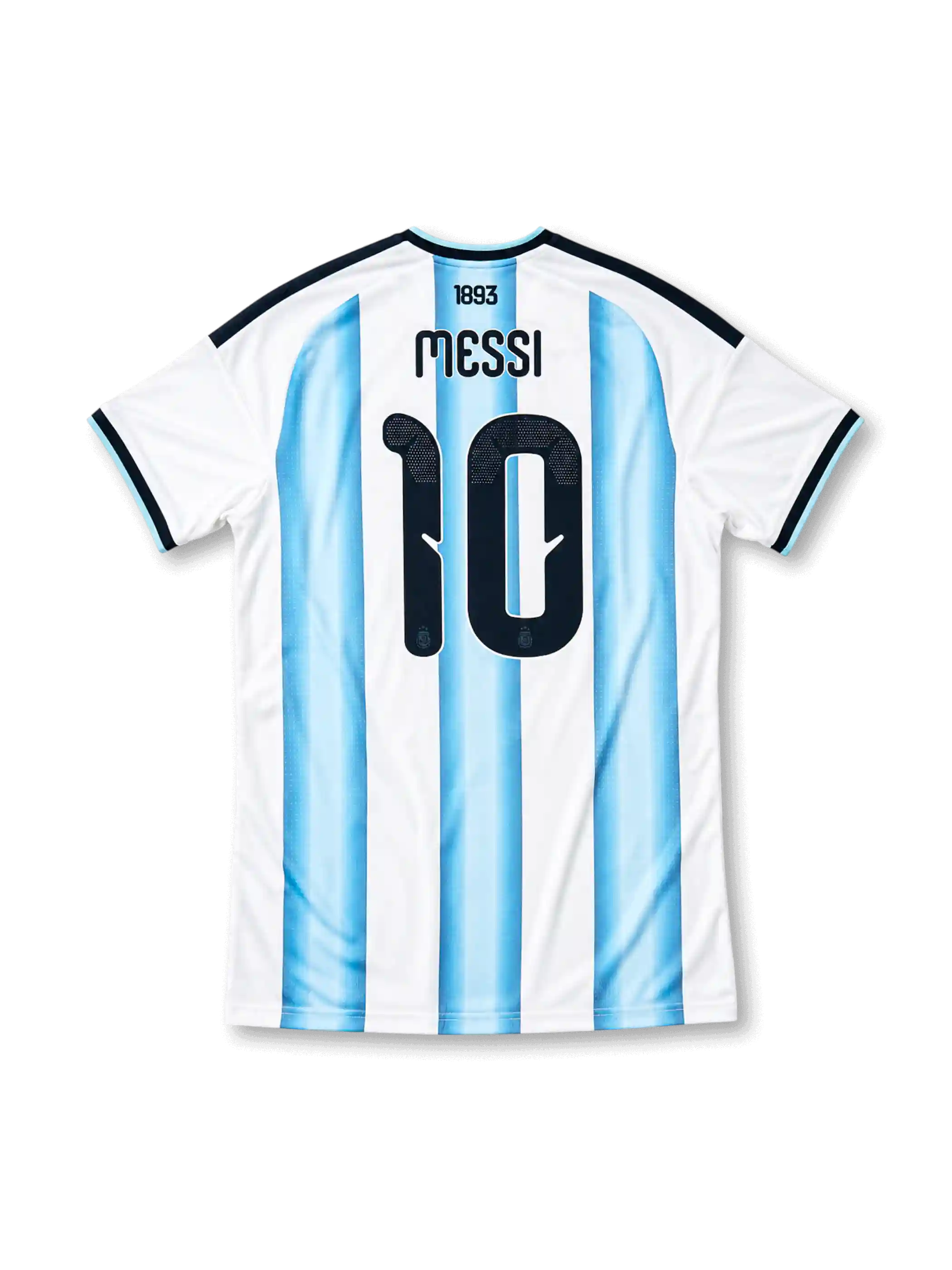 アルゼンチン代表 2026-27 ホーム オーセンティックユニフォーム バック、ネイビーのMESSIネームとAFAエンブレム入り大型背番号10、襟下に1893レター、空色と白の縦縞ストライプ