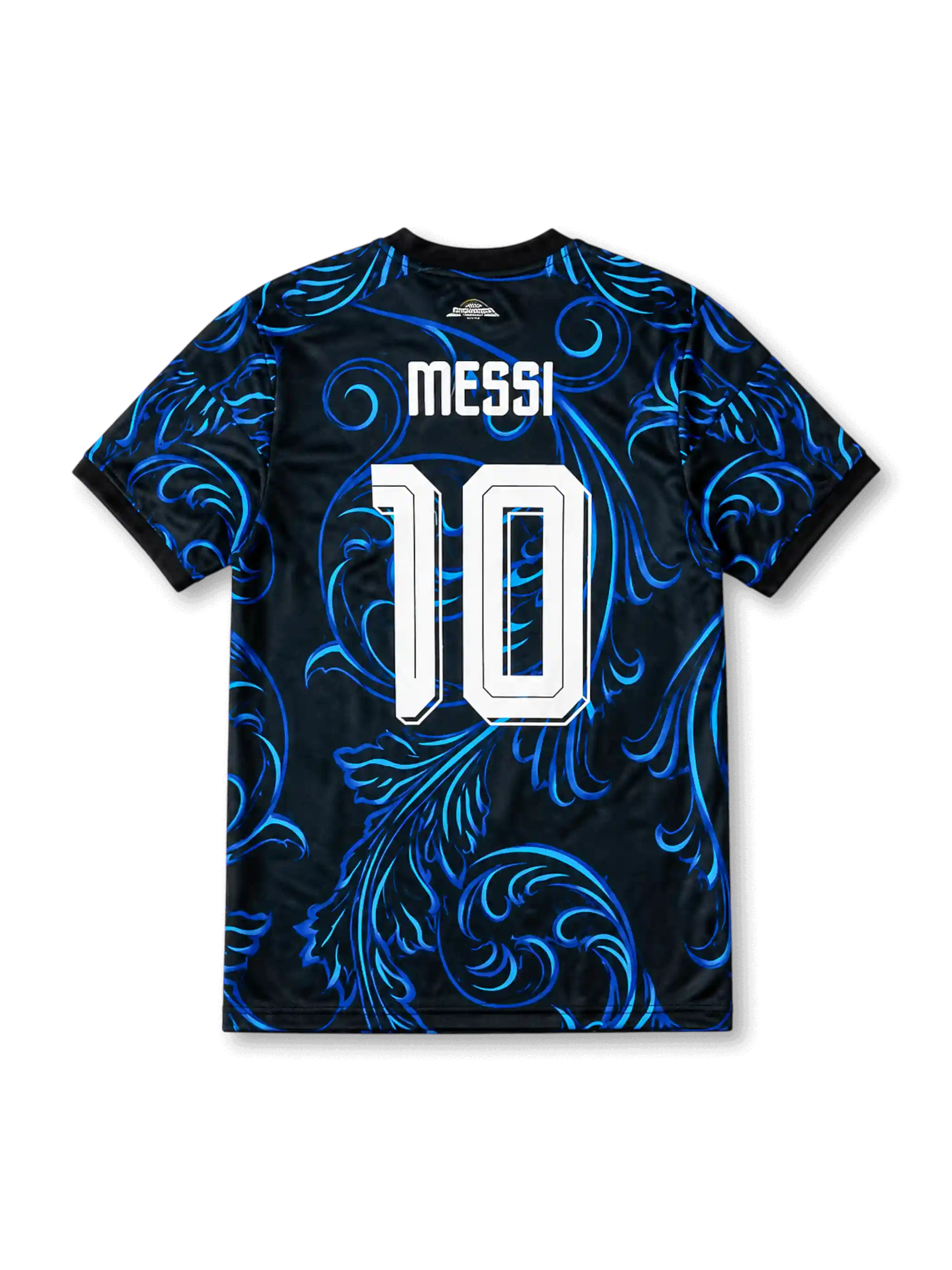 アルゼンチン代表 2026-27 アウェイ オーセンティックユニフォーム バック、白のMESSIネームと大型背番号10、漆黒ボディに渦巻くブルーの唐草文様、黒の襟と袖口リブ