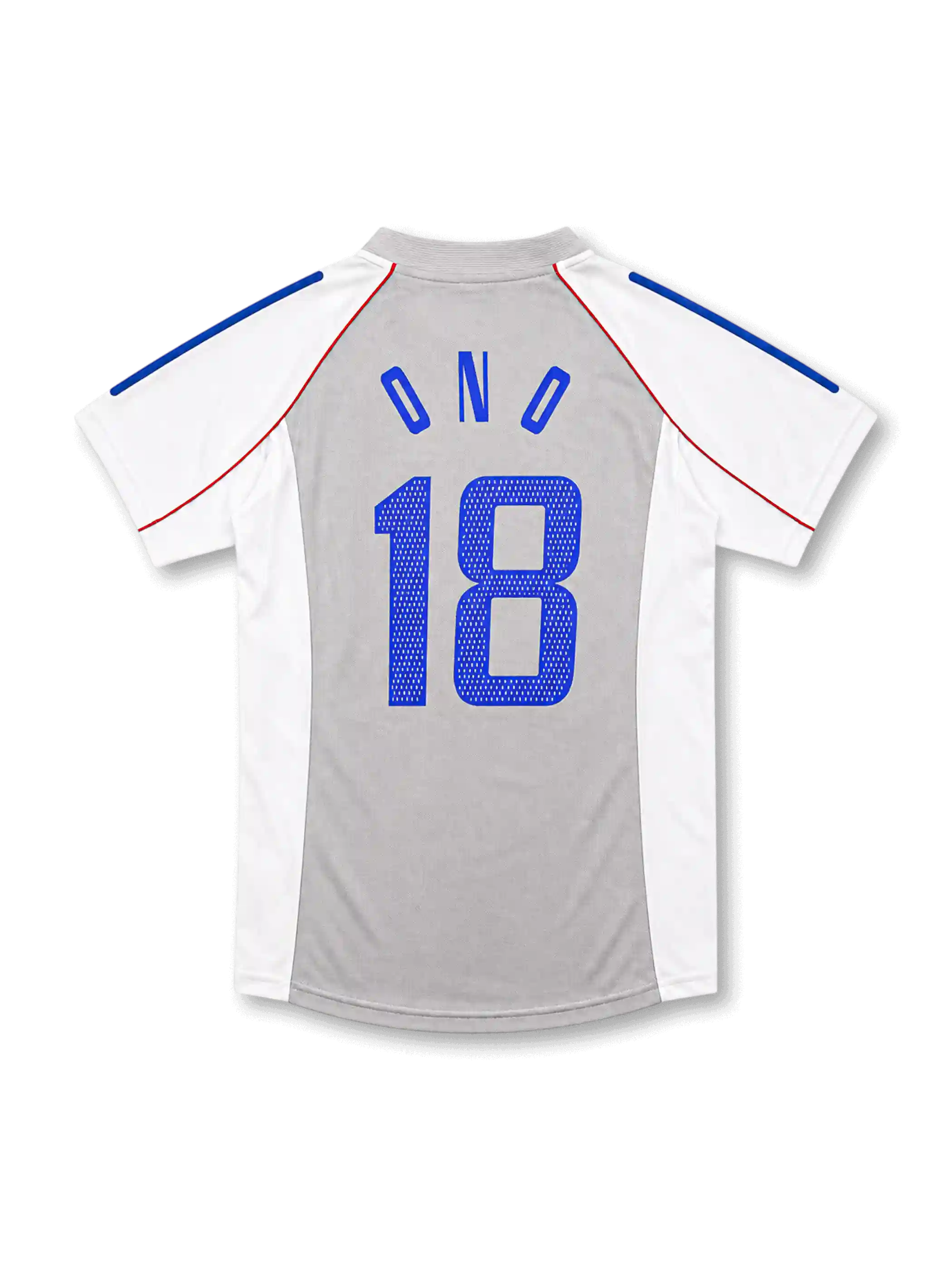 日本代表2002-04アウェイユニフォーム背面・ホワイト×グレーのパネル構成にブルーで「ONO」と番号18、ブルーの肩ラインとレッドのパイピング