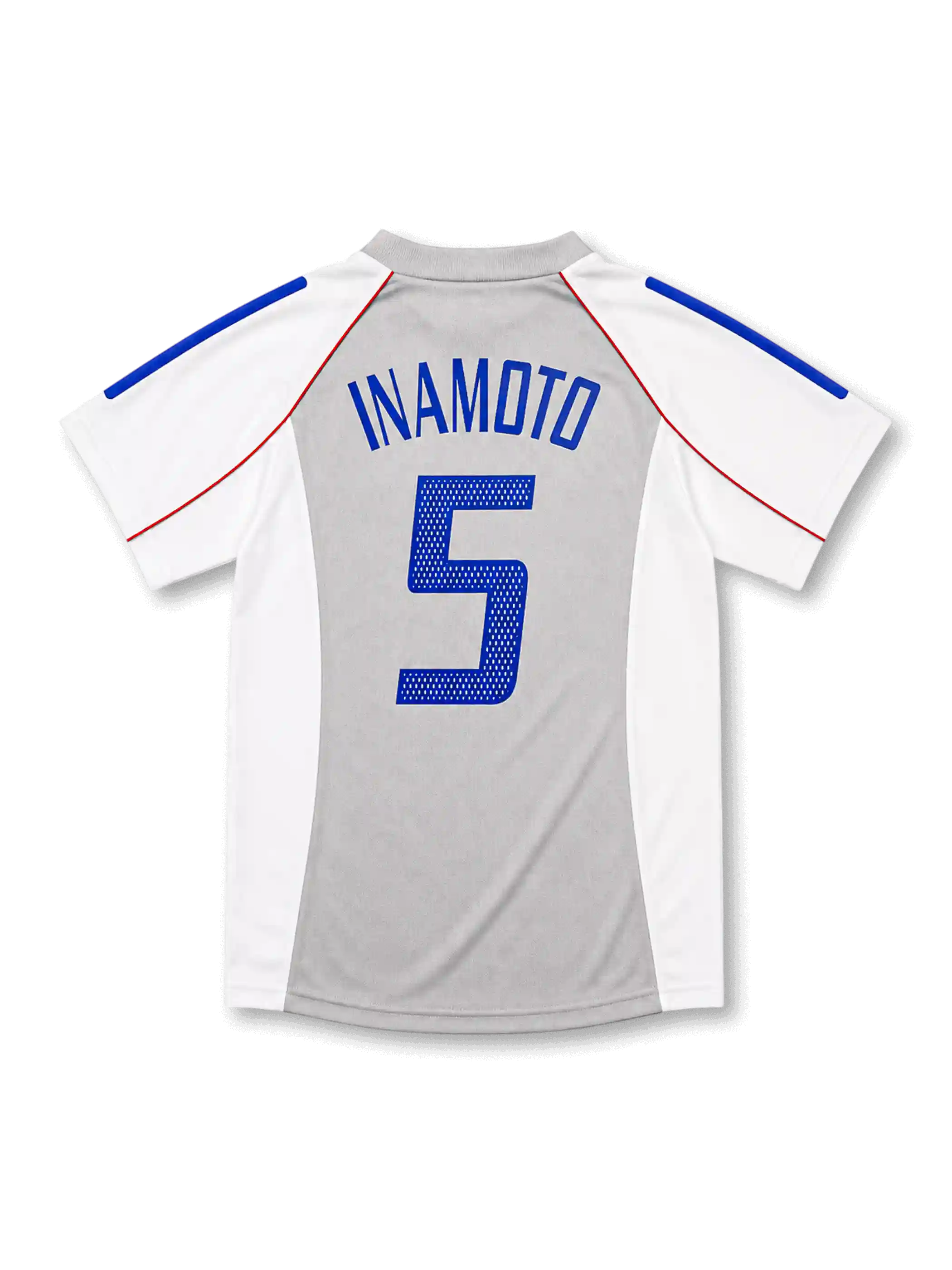 日本代表2002-04アウェイユニフォーム背面・ホワイト×グレーのパネル構成にブルーで「INAMOTO」と番号5、ブルーの肩ラインとレッドのパイピング