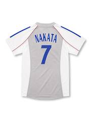 ライトグレーとホワイトの切り替え、ブルーの肩ライン、JFAエンブレム、背番号7を配した2002-04日本代表アウェイユニフォーム正面