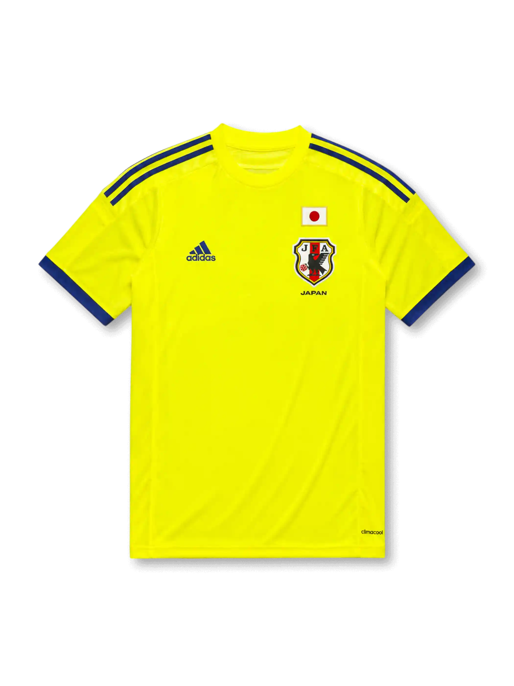 蛍光イエローのボディにブルーの肩ライン、JFAエンブレム、日本国旗、ブランドロゴを配した2014日本代表アウェイユニフォーム正面