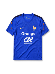 フランス代表2026ワールドカップ オーセンティックトレーニングシャツ フルスポンサー仕様正面、ロイヤルブルー地に2つ星FFF雄鶏エンブレム、ゴールドのスウッシュ、中央にOrangeとCrédit Agricoleの大型スポンサーロゴ