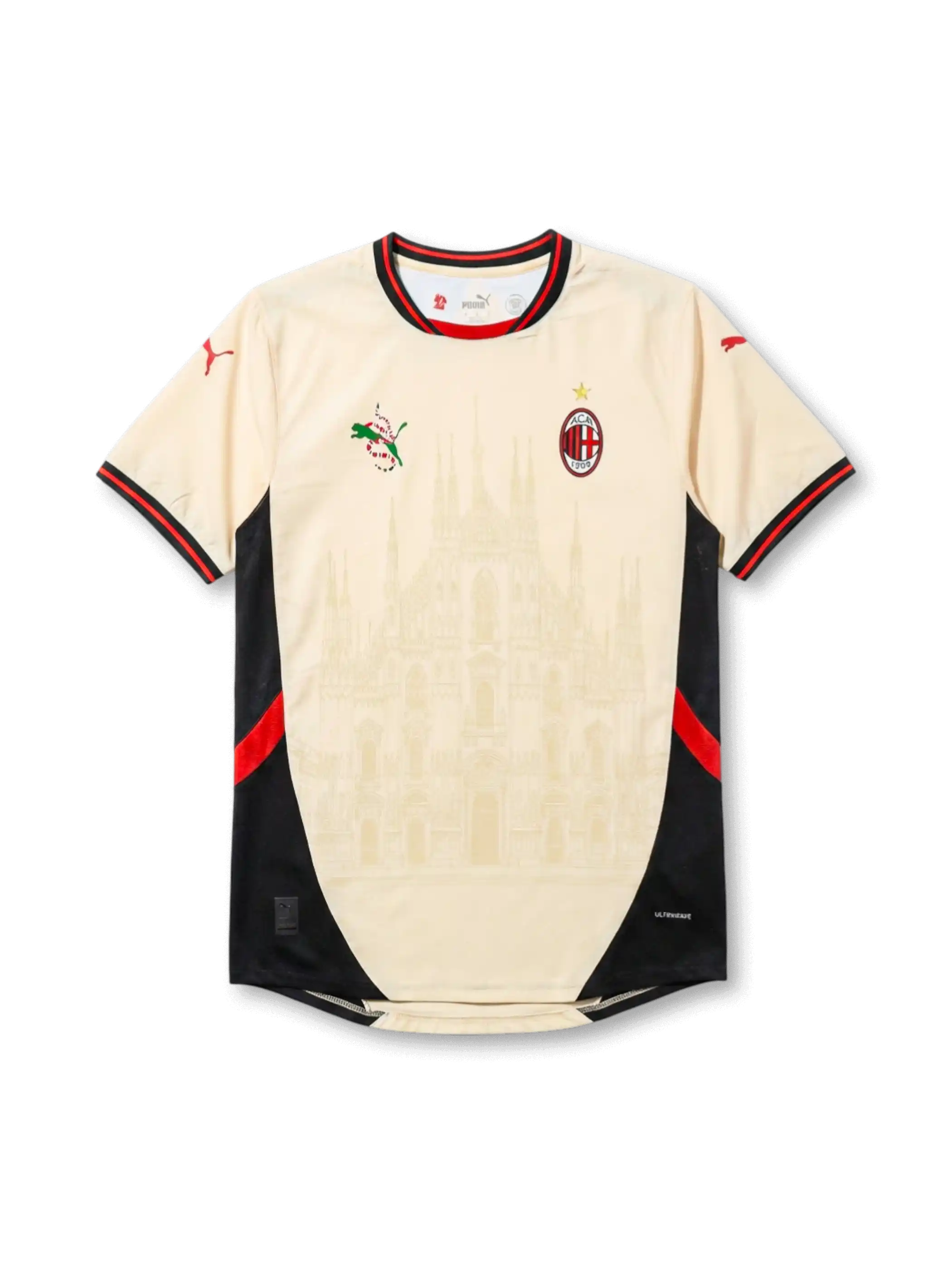 Cミラン×Gucci×Pumaドゥオーモスペシャルエディション正面、クリーム×ミラノ大聖堂透かしプリント・ブラックレッドサイドパネル・Puma×Gucciスネークコンビロゴ・ACMエンブレム