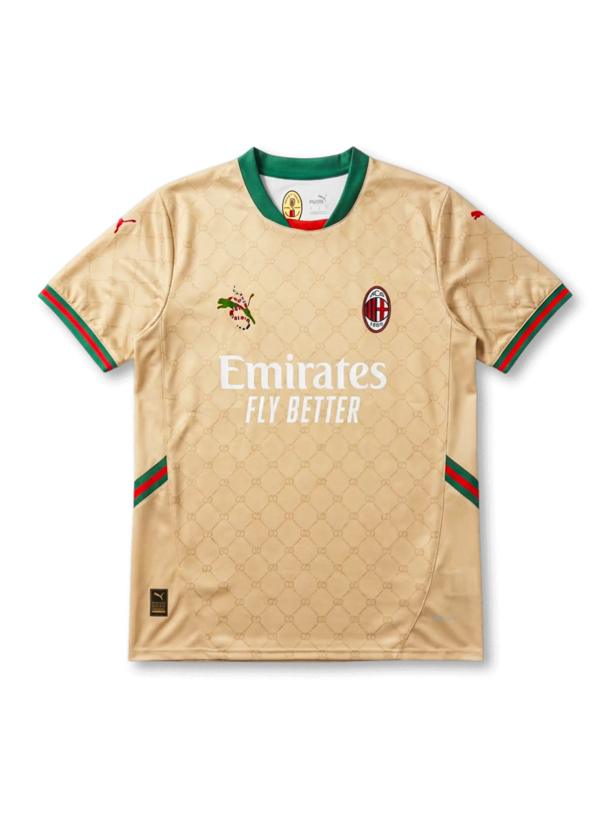 Puma×Gucciスネークコンビロゴ・ACMエンブレム・Emiratesスポンサー・グリーン赤Gucciウェブ袖口