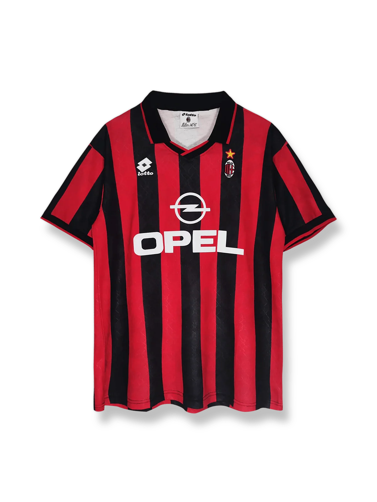 1995/96シーズンのACミランホームユニフォーム、パオロ・マルディーニ着用の伝統的サッカージャージ