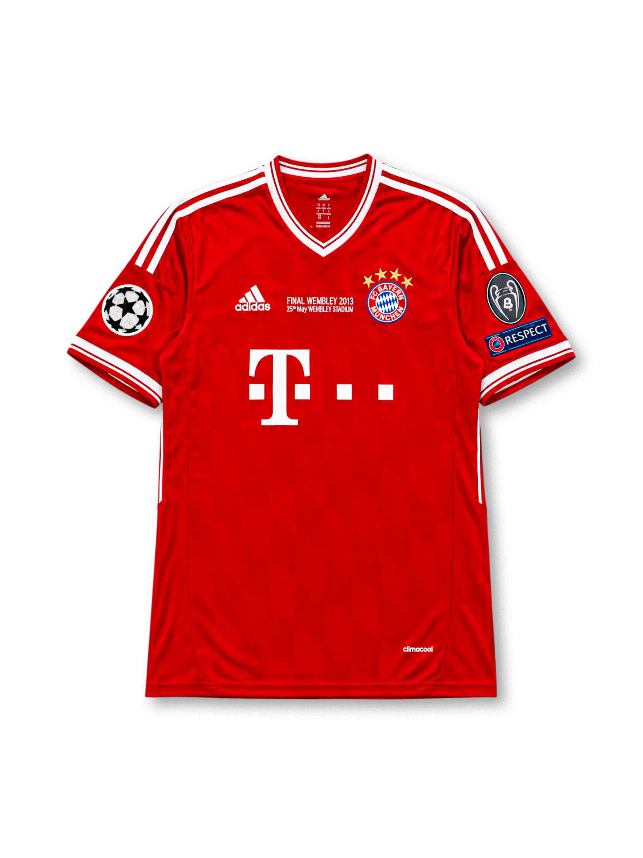 レッドベースに肩口と両袖のホワイト2本ライン、Vネック仕様で、胸にadidasロゴ、FINAL WEMBLEY 2013の大会表記、FCバイエルン・ミュンヘンのクラブエンブレム、中央にテレコムのTロゴ、左袖にチャンピオンズリーグエンブレム、右袖にチャンピオンズリーグ8度優勝エンブレムとRESPECTパッチ、裾にclimacool表記を備えたバイエルン・ミュンヘン2012-13チャンピオンズリーグ決勝記念ジャージ正面