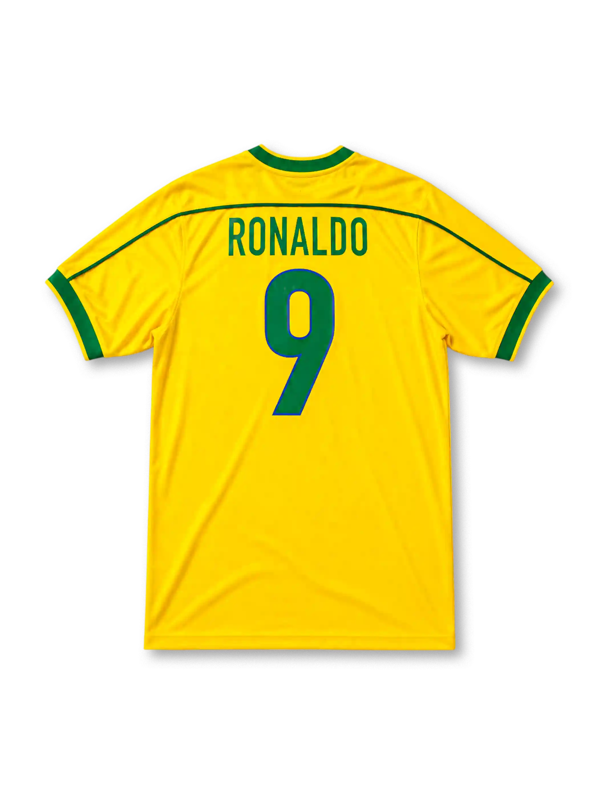 イエローベースにグリーンの襟と肩口ラインを配し、胸にナイキロゴ、星4つ付きCBFブラジルサッカー連盟エンブレムとBRASIL表記、ブルーの9番をあしらったブラジル代表1998ワールドカップホームジャージ正面