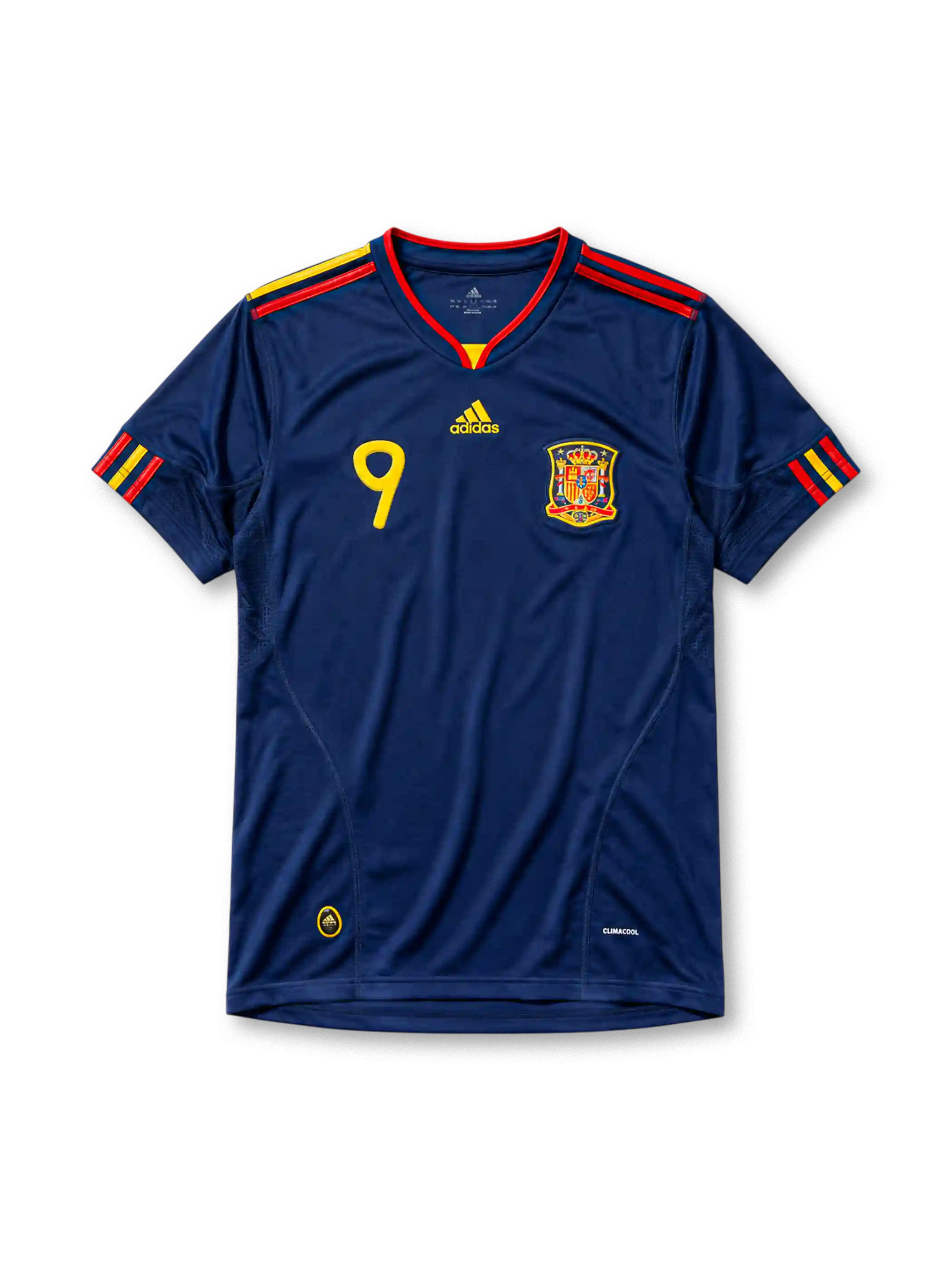 ネイビーベースに肩のイエロー×レッド2本ラインを配し、胸にadidasロゴ、イエローの9番、スペインサッカー連盟のクラブエンブレム、裾にCLIMACOOL表記を備えたスペイン代表2010ワールドカップアウェイジャージ正面