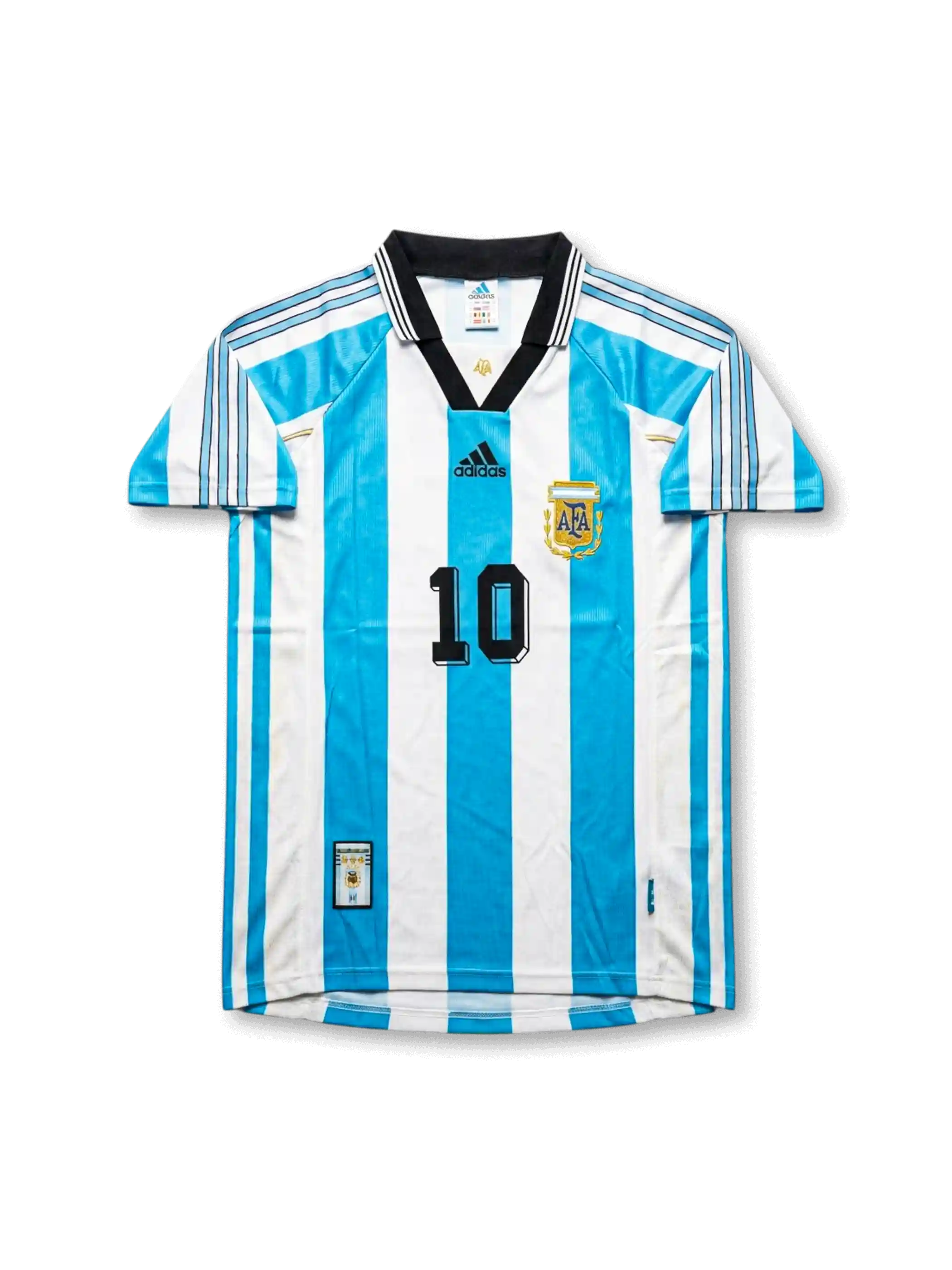 アルゼンチン代表 1998年W杯 ホームジャージ 前面 — スカイブルー×白縦ストライプ×二星AFAエンブレム×黒10番