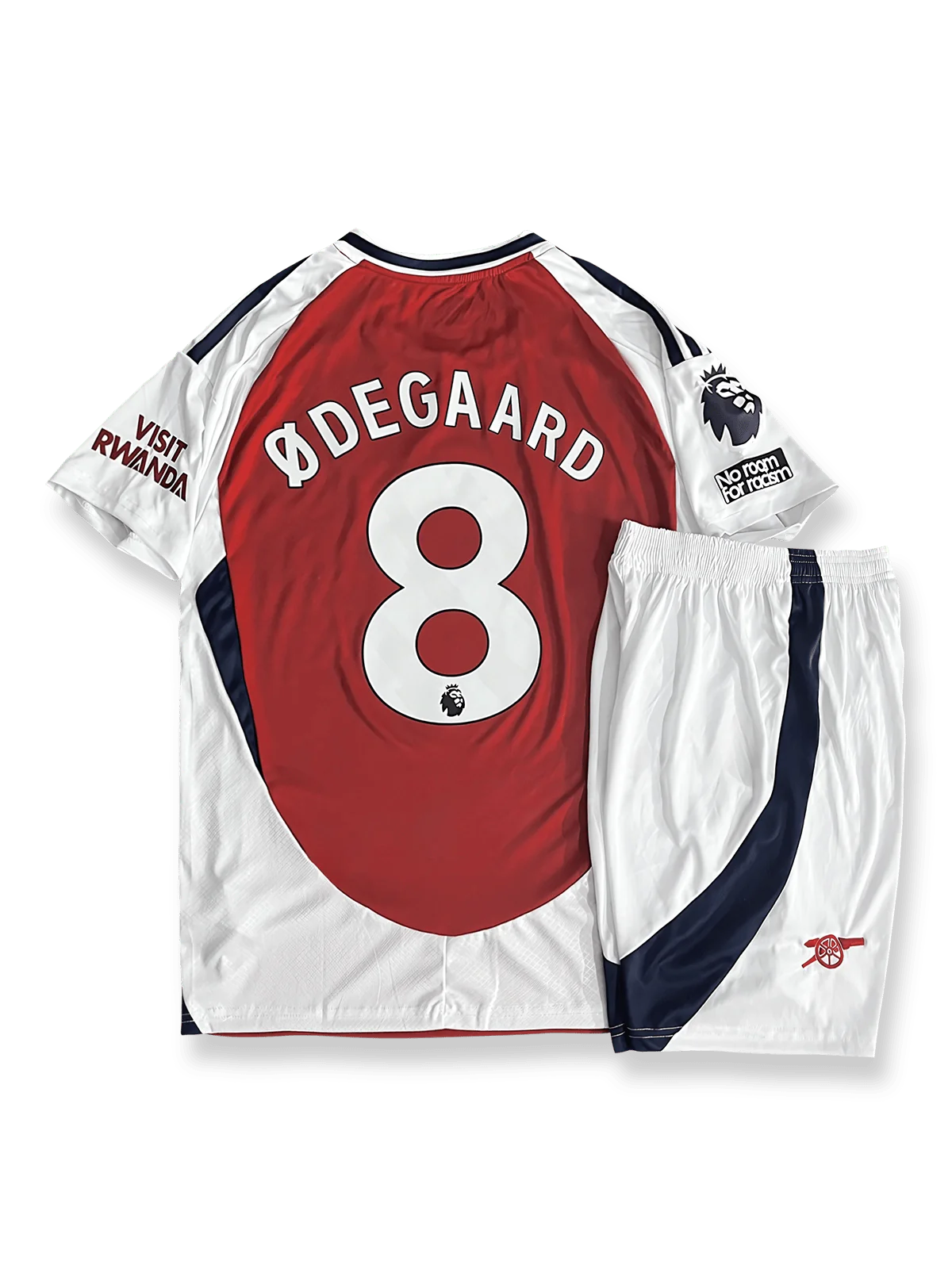 2024-25シーズンのアーセナルホームユニフォーム、オーデゴー8番着用、赤と白を基調としたシャツとパンツセット