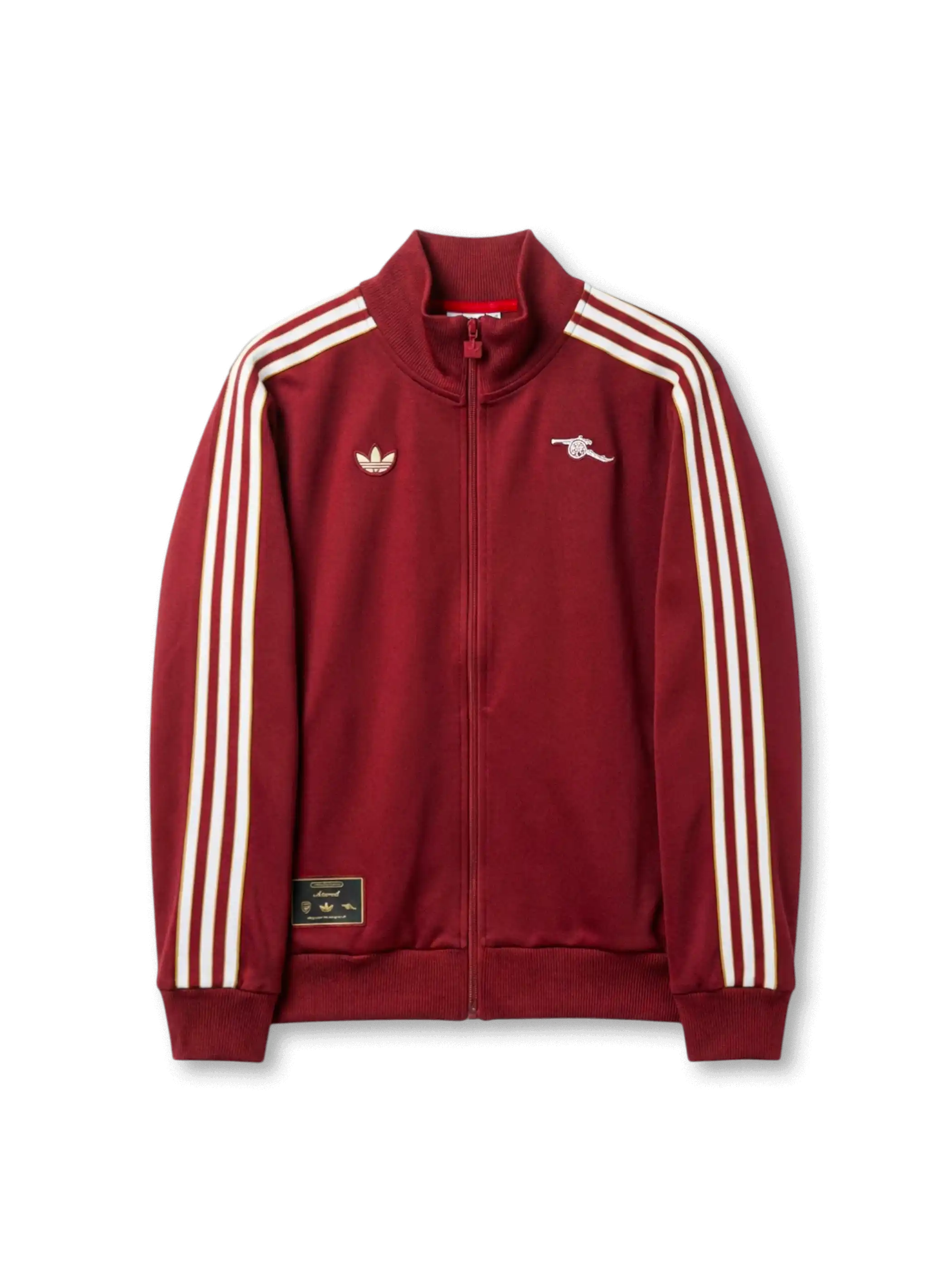 アーセナル adidas Originals 復刻トラックジャケット バーガンディ — ヴィンテージキャノン刺繍とゴールドヘリテージラベルを配したライフスタイルライン