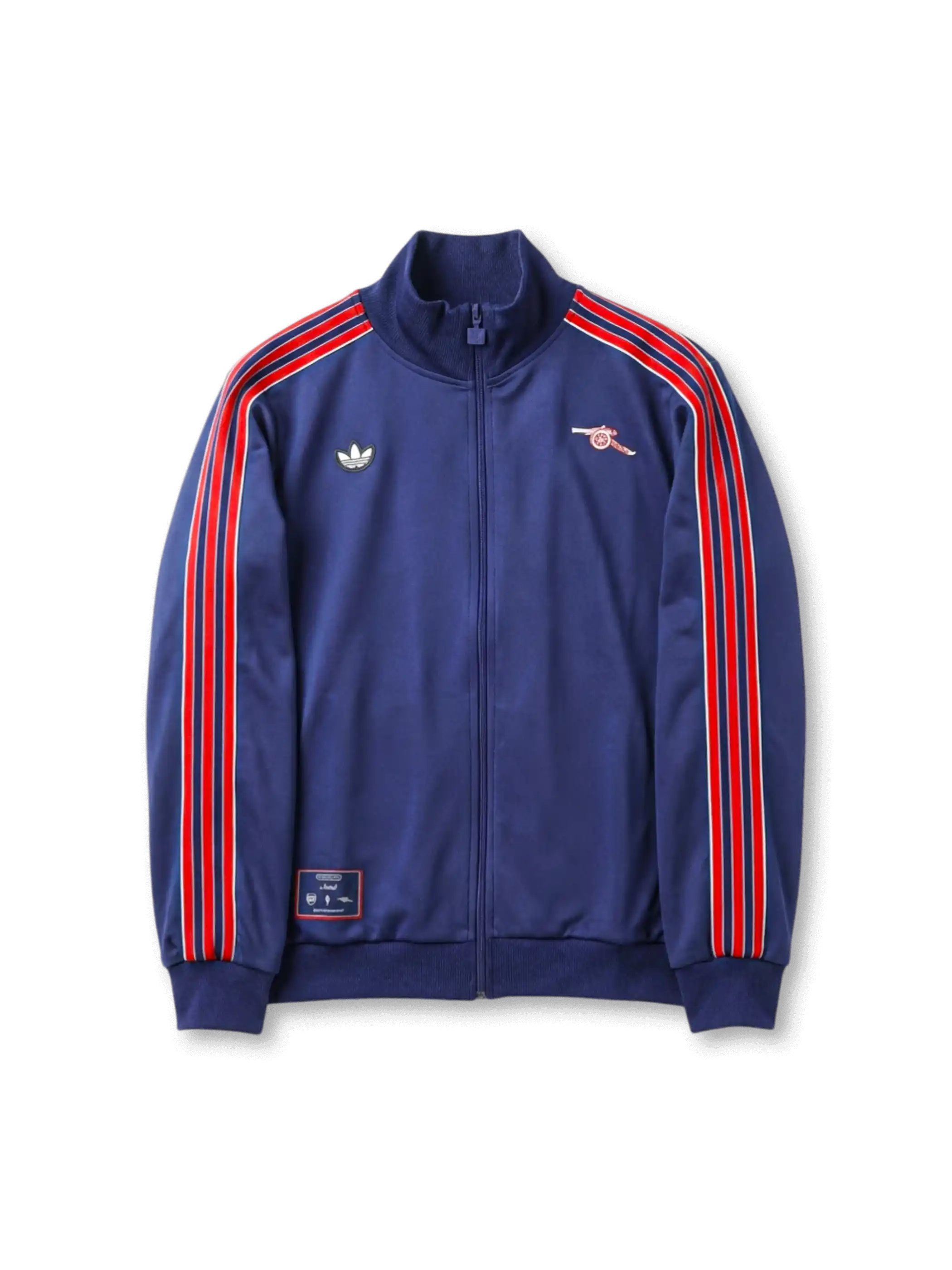 アーセナル adidas Originals 復刻トラックジャケット ネイビー — 赤ストライプとヴィンテージキャノン刺繍を配した復刻ライフスタイルライン