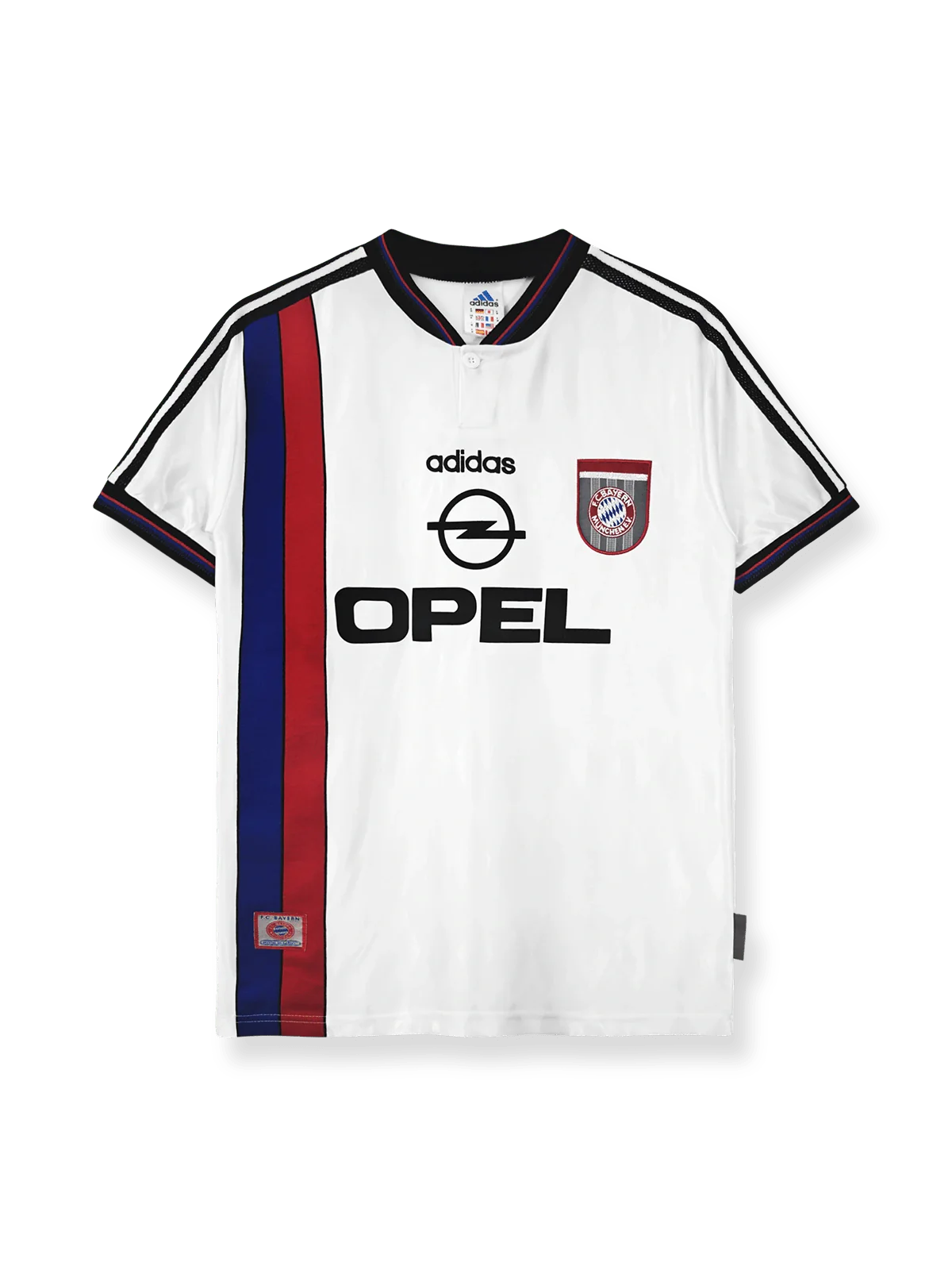 1996-98シーズンのバイエルン・ミュンヘンアウェイクラシックユニフォーム、ロベルト・パラドール着用の伝統的サッカージャージ