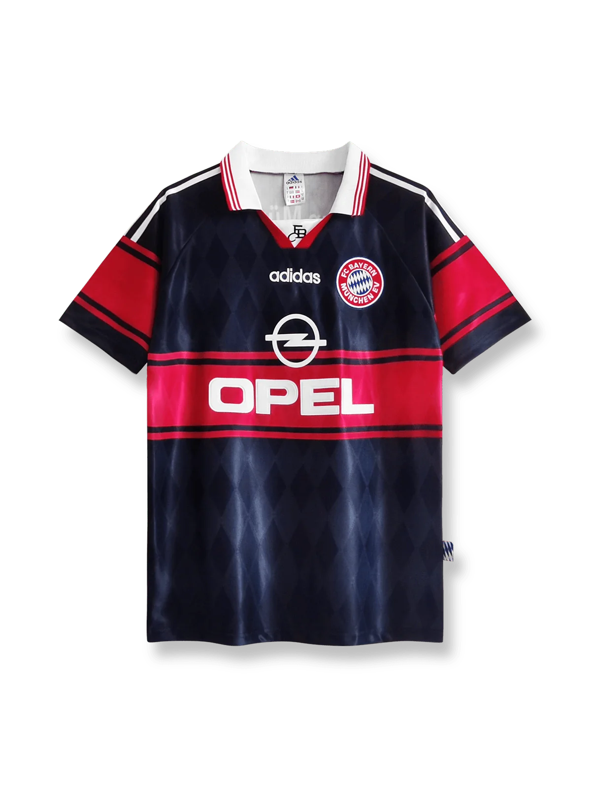 1997-99シーズンのバイエルン・ミュンヘンホームクラシックユニフォーム、オリバー・カーン着用の伝統的サッカージャージ