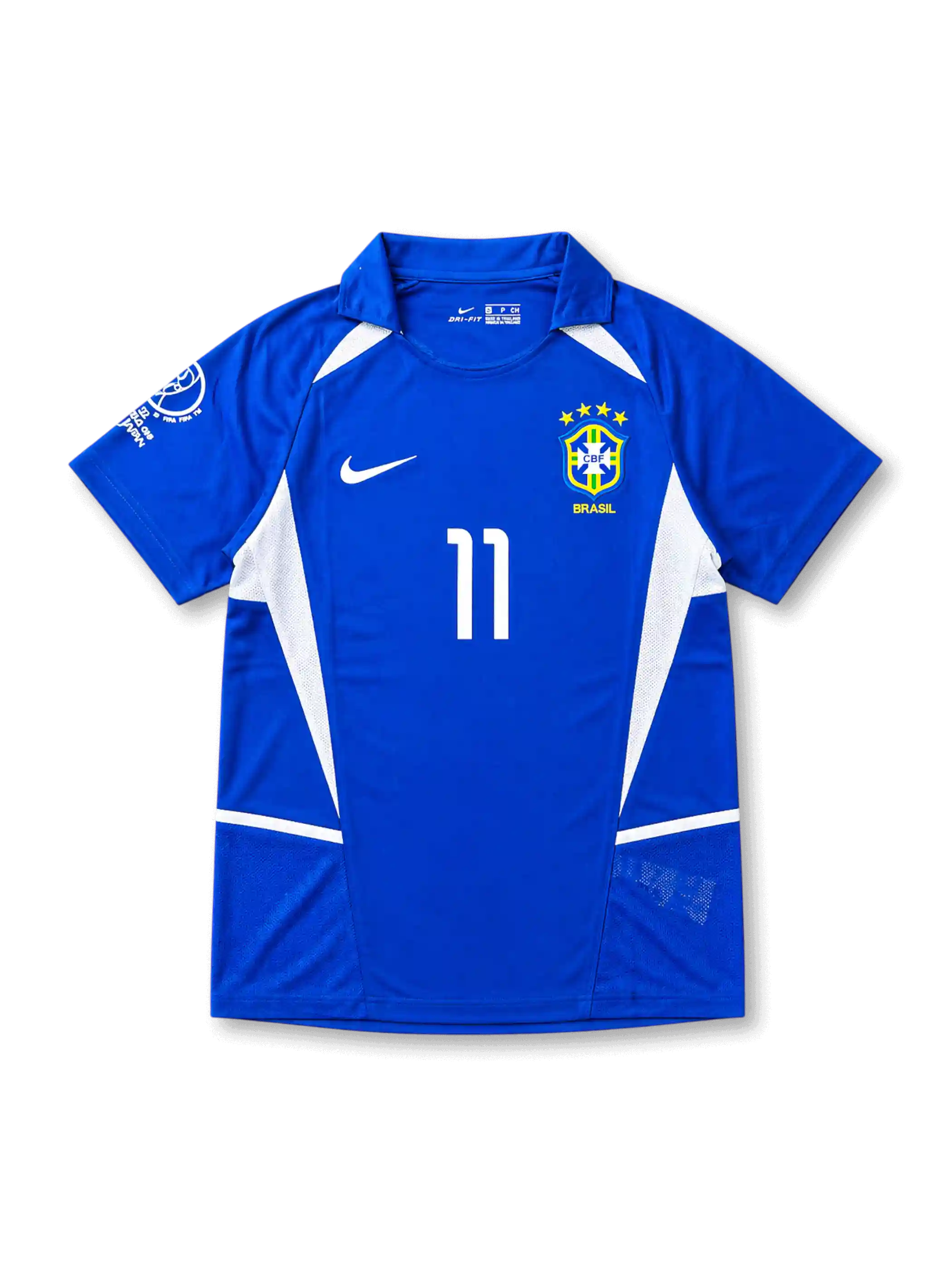 ブラジル代表2002アウェイジャージ正面、ロイヤルブルー地に白V字サイドパネル、CBF4つ星エンブレム、Nikeスウッシュ、左袖2002日韓W杯公式パッチ、胸番号11