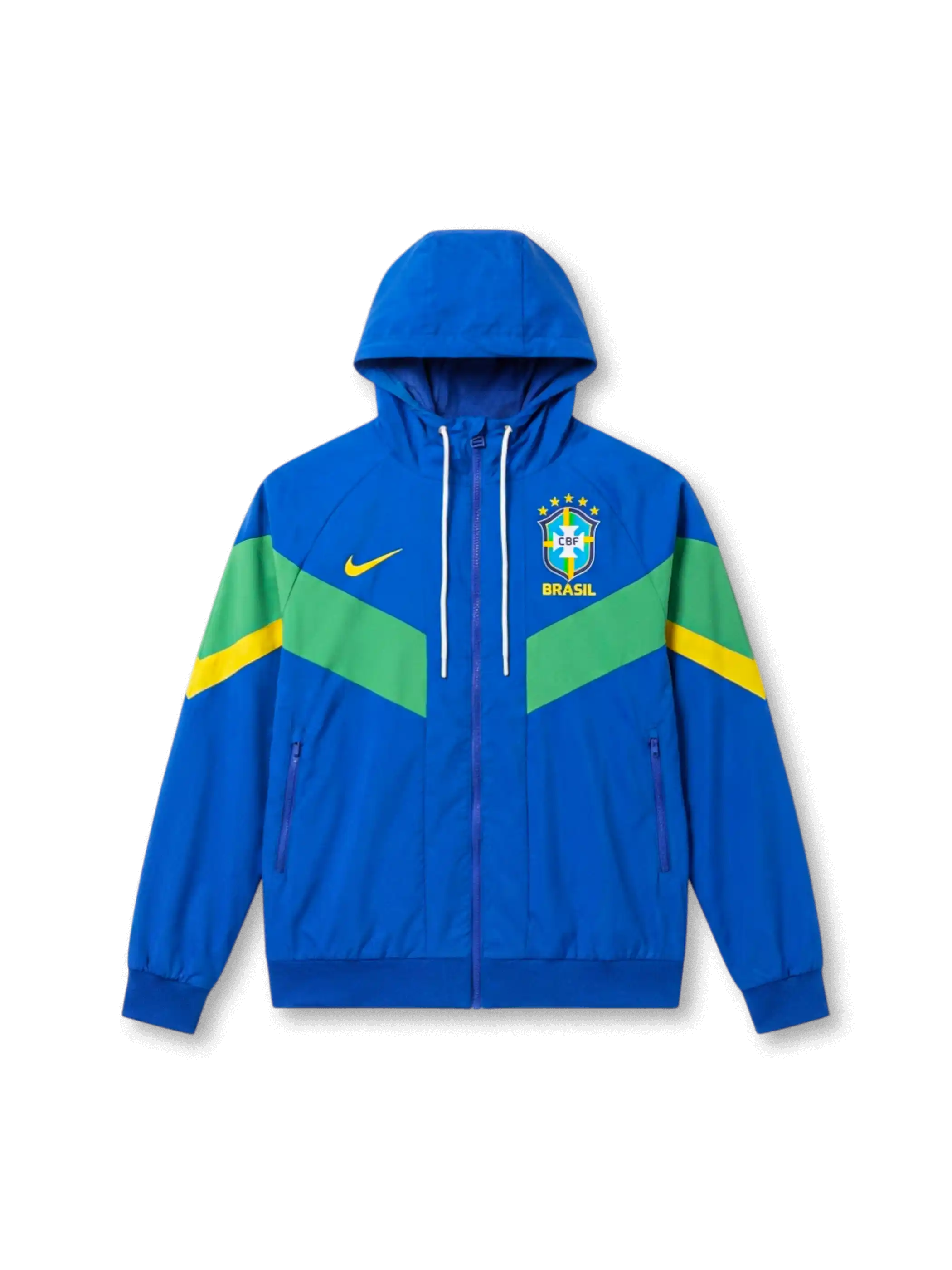 ブラジル代表 Nike ウィンドランナージャケット ロイヤルブルー — グリーン・イエローシェブロンパネルとCBF公式エンブレム刺繍を配した公式トレーニングライン