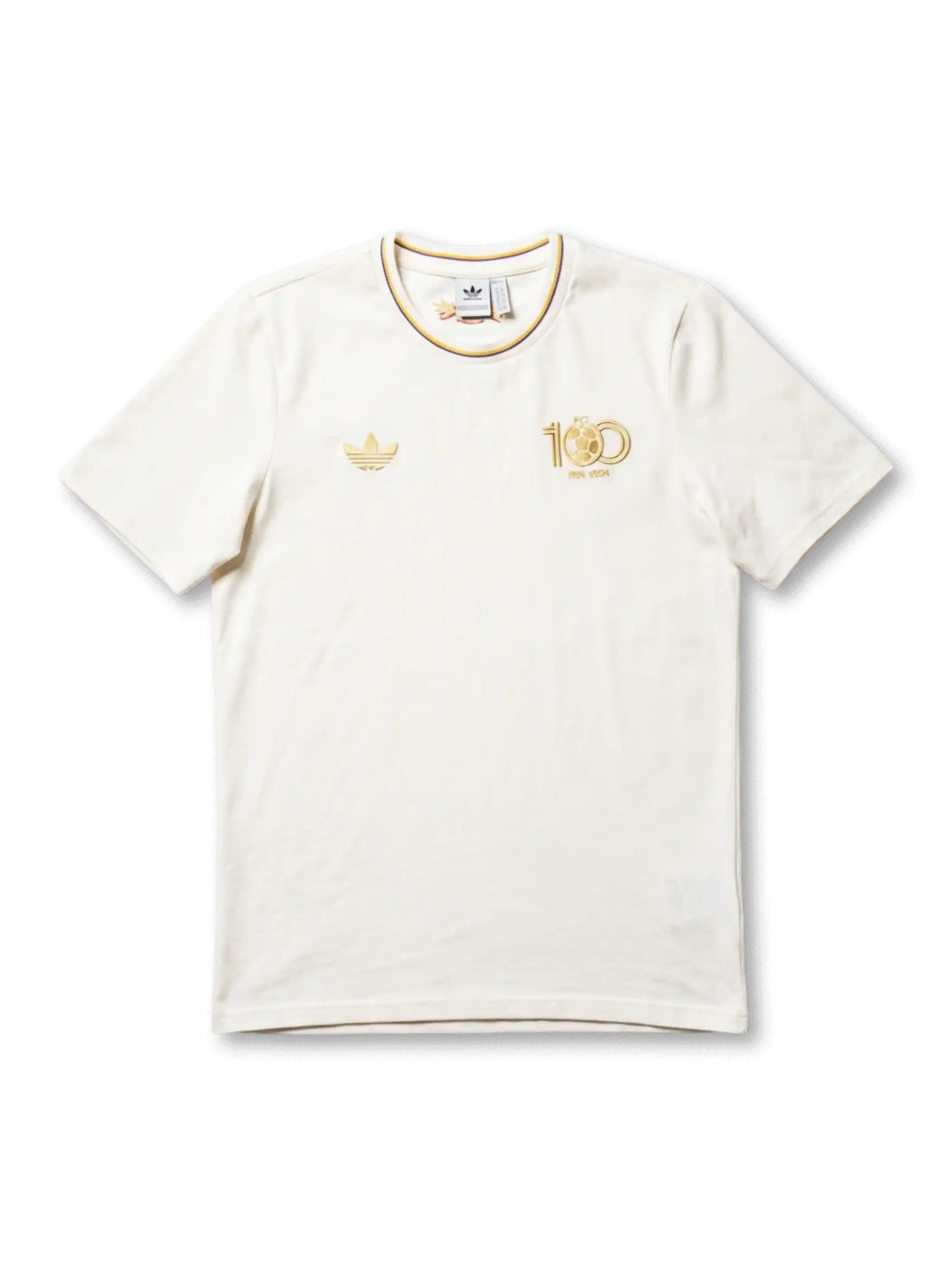 コロンビア代表×adidas Originals FCF100周年スペシャルエディション正面、クリームホワイト×ゴールド100周年記念ロゴ・トリコロールカラーリブ・背面双翼ラベル