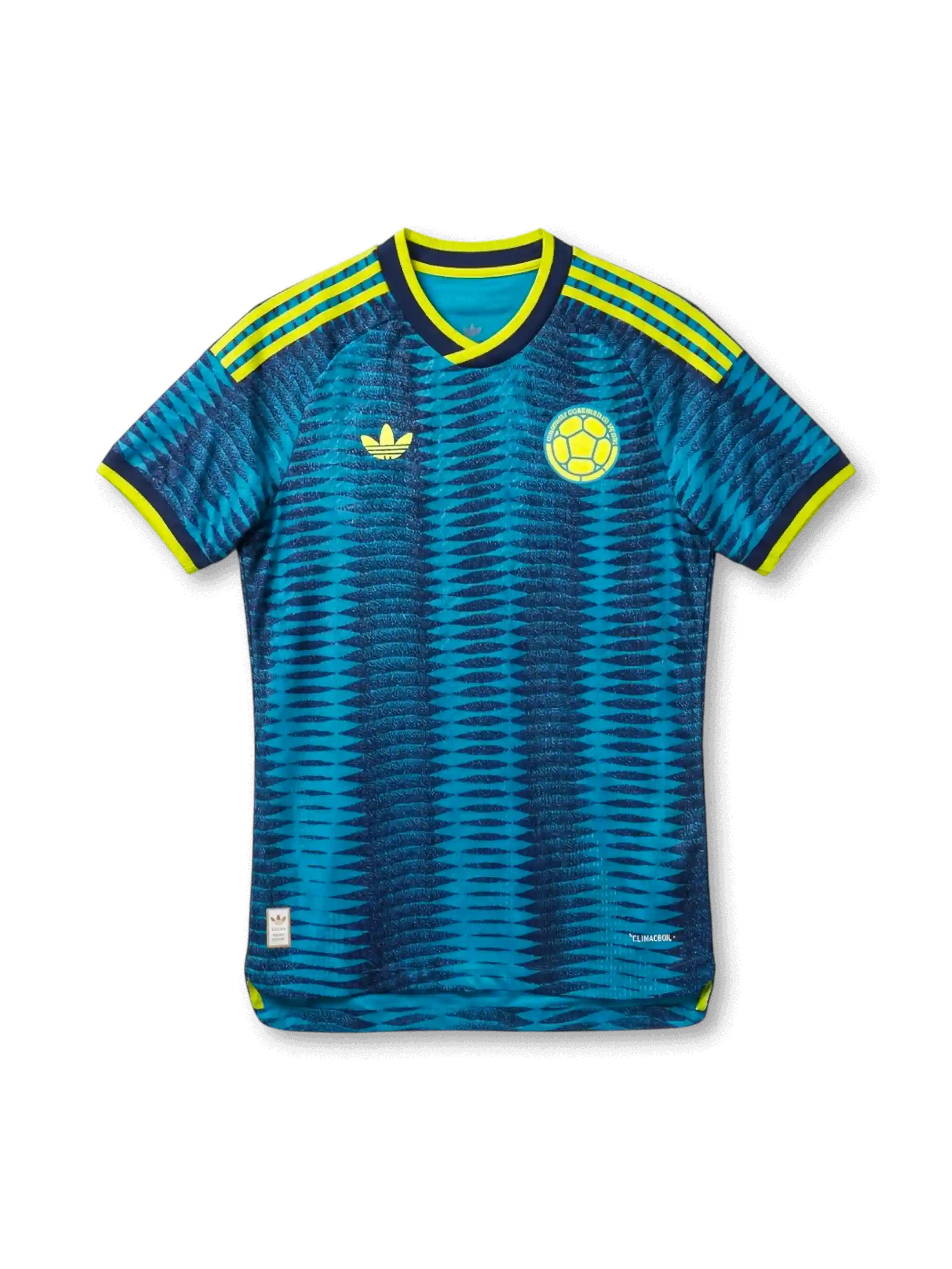 コロンビア代表 2026 FIFAワールドカップ アウェイ Authentic フロント(ティール地ダイヤモンドジャカード+ネオンイエロー3ストライプ肩+ネイビー×ネオンイエロー2トーンリブ+FCFサッカーボールエンブレム+adidas Originalsトレフォイル)