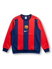 FCバルセロナ Nike Sportswear ストライプクルーネックスウェット正面、レッド×ネイビー太縦ストライプ・FCBエンブレム・Nikeスウッシュ中央配置