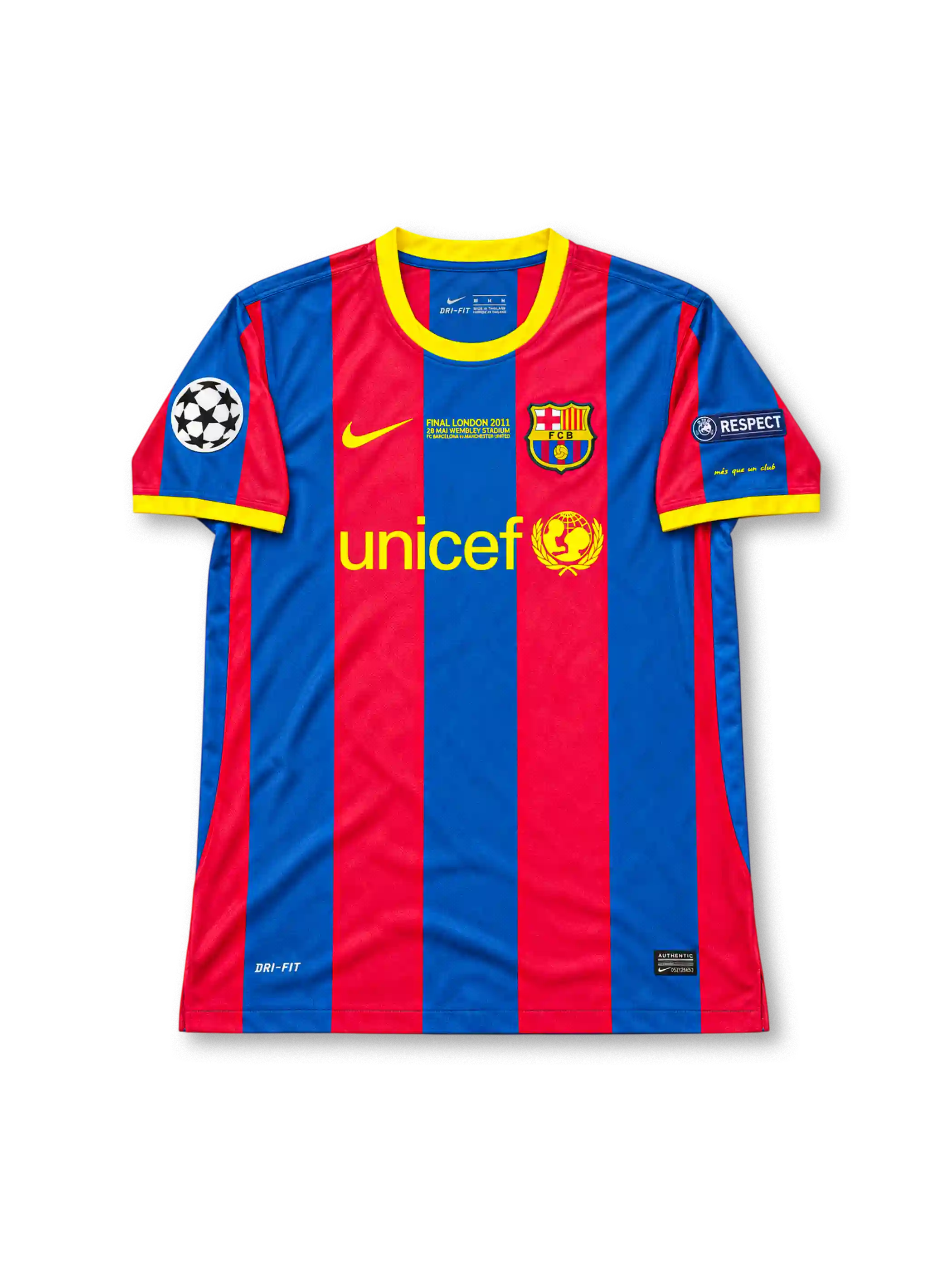 FCバルセロナ 2010/11シーズン UEFAチャンピオンズリーグ決勝ロンドン大会 ホームユニフォーム メッシ10番 Nike製レッド×ブルーの縦ストライプ イエローの襟とUNICEFロゴ入りサッカージャージ