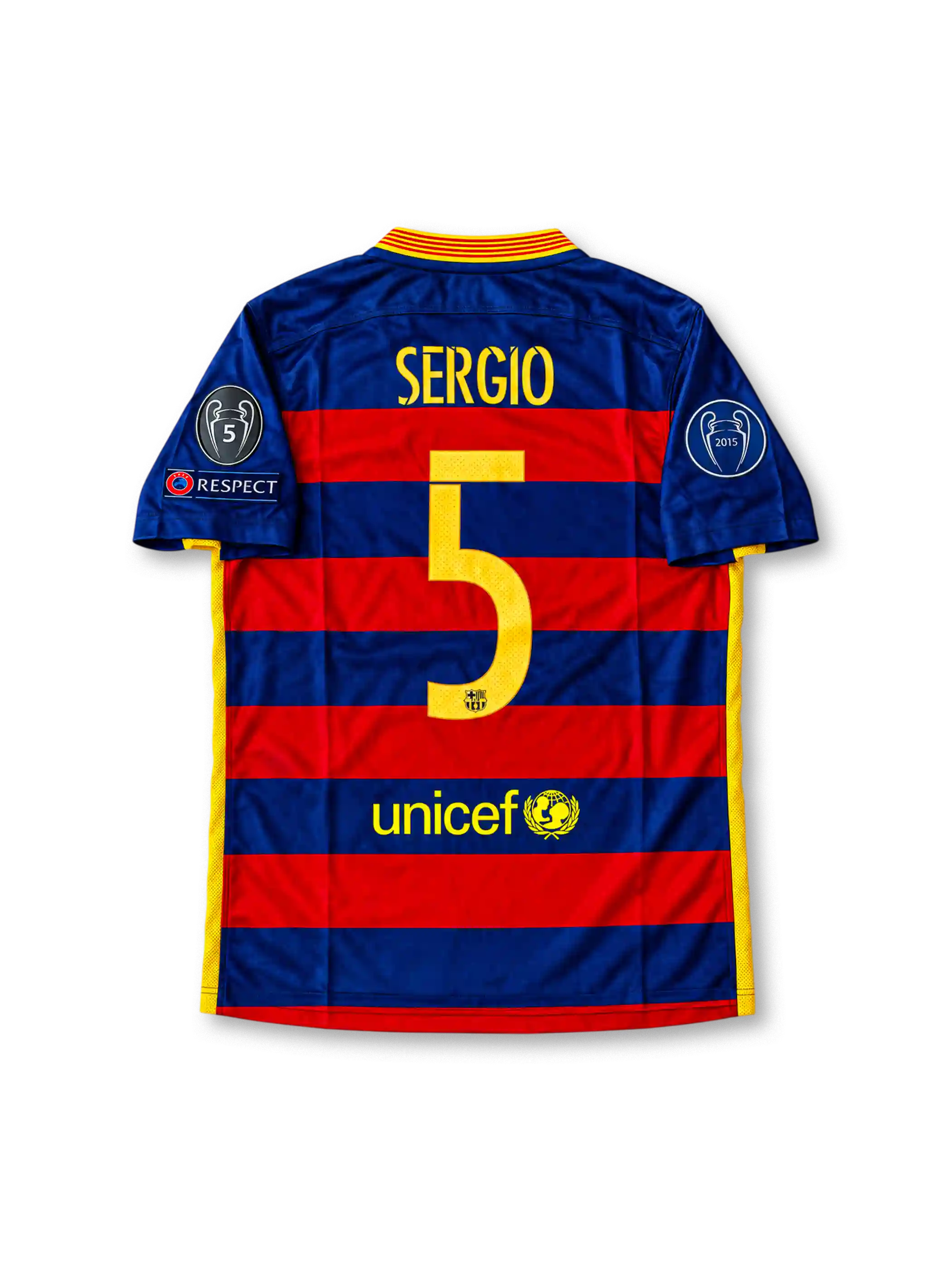 FCバルセロナ 2015/16 ホームユニフォーム ブルーとレッドの横縞 チャンピオンズリーグパッチ付き ブスケツ背番号5