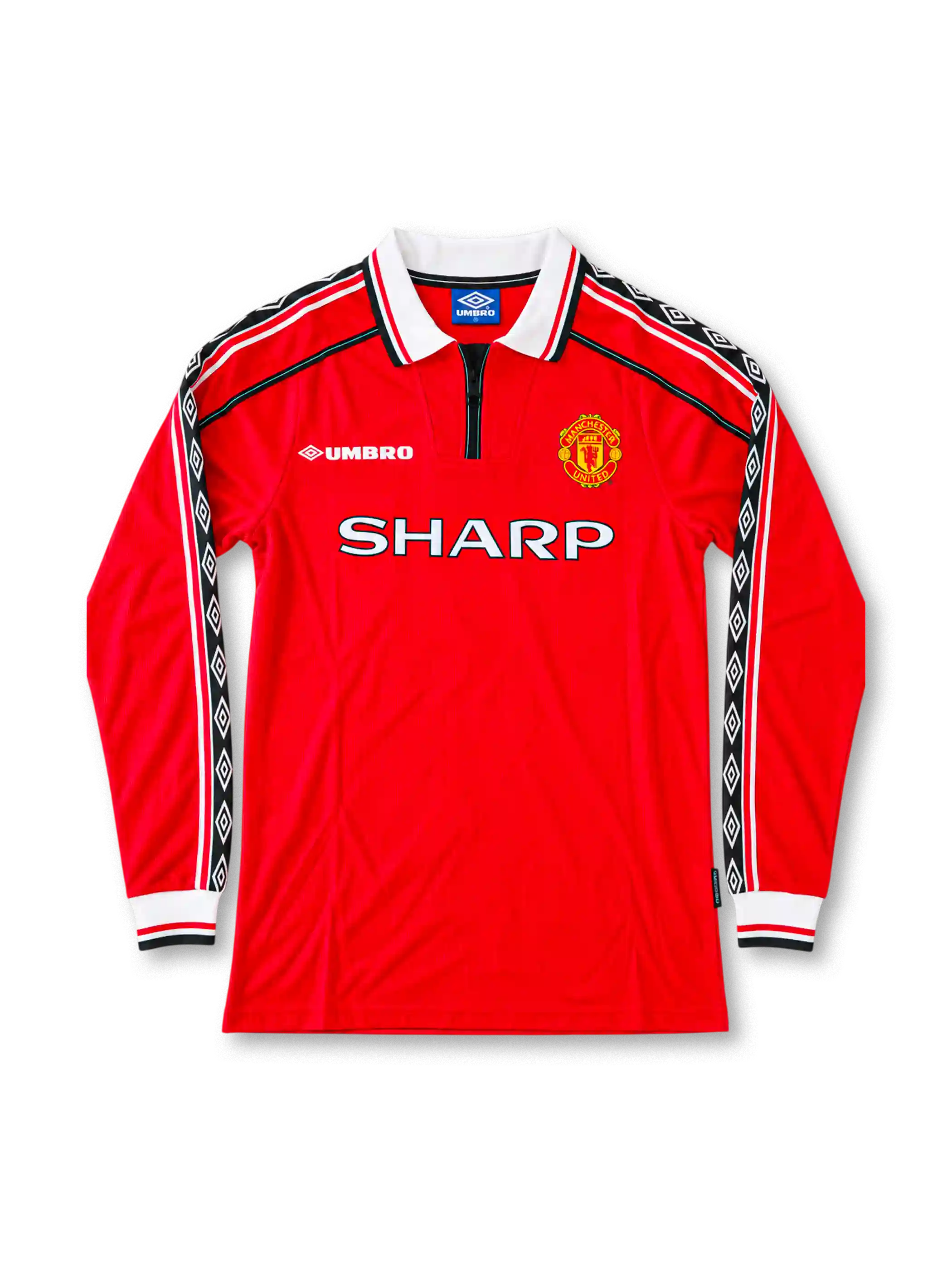 マンチェスター・ユナイテッド 1998/00 ホームユニフォーム 長袖 赤に白のジップ付きポロカラー SHARPロゴ ベッカム背番号7