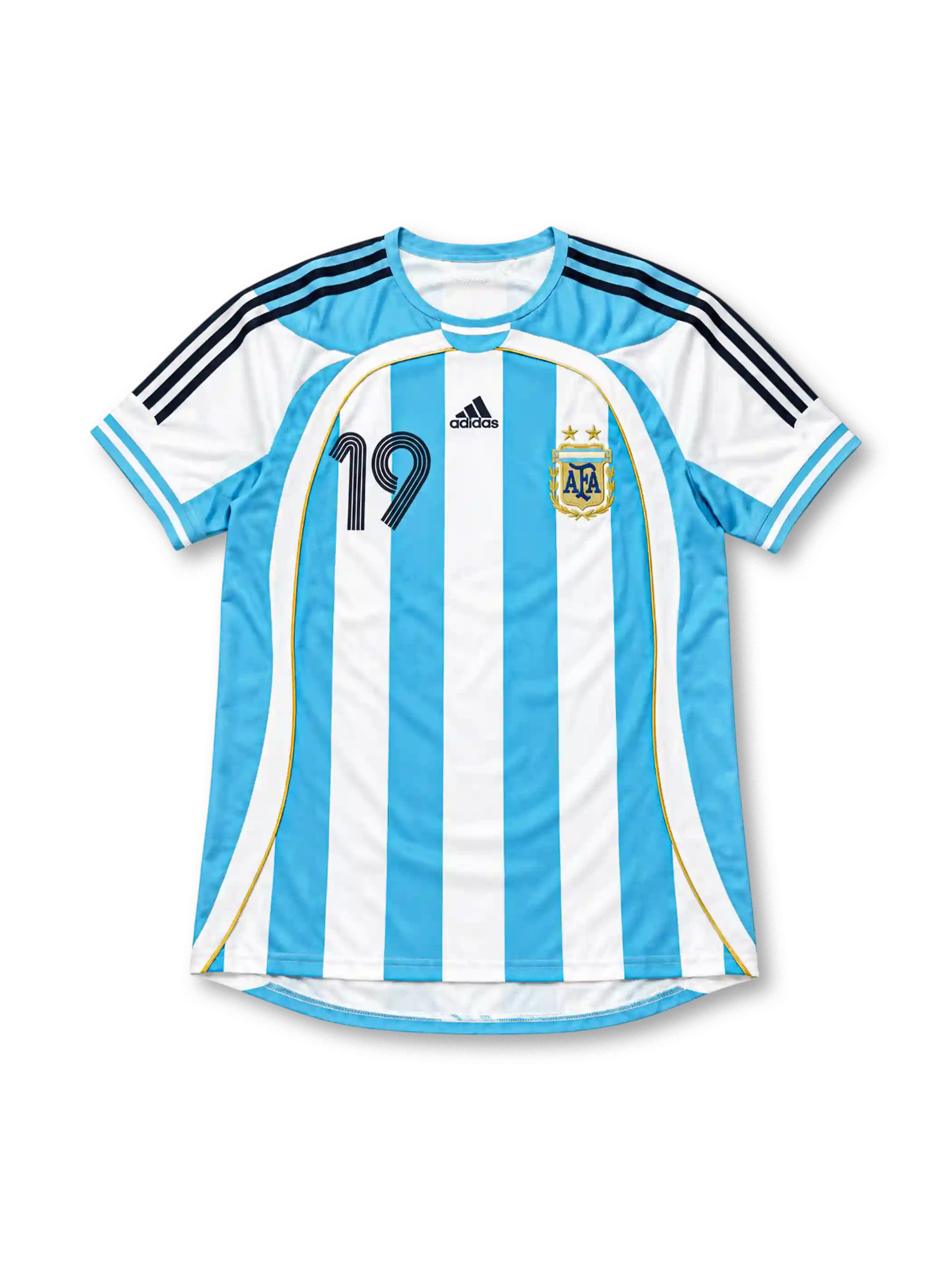 アルゼンチン代表 2006 ホームユニフォーム スカイブルーと白の縦縞 金色のパイピング メッシ背番号19