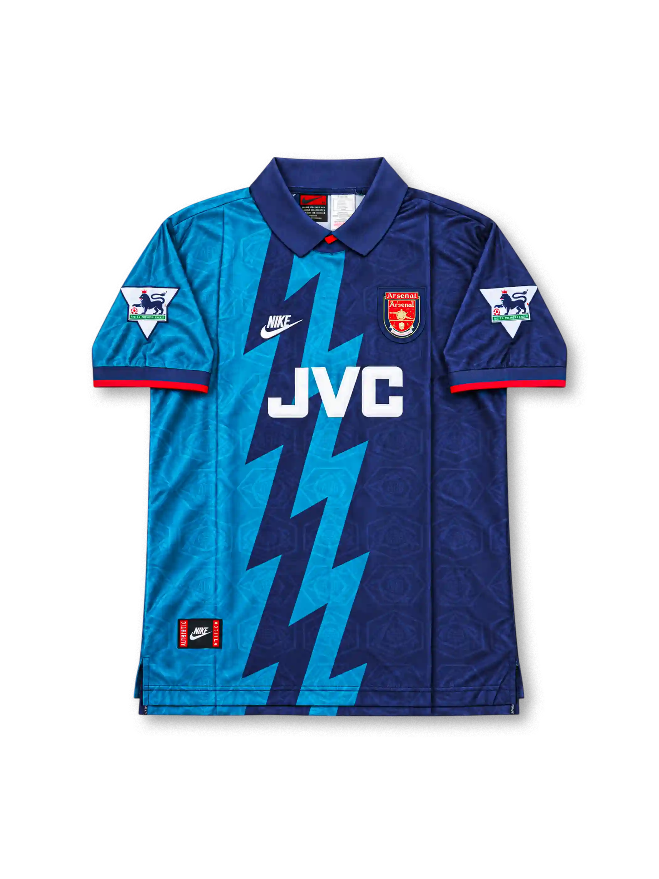 アーセナル 1995/96 アウェイユニフォーム ネイビーとブルーの稲妻デザイン JVCロゴ ベルカンプ背番号10