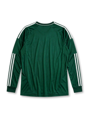 ボトルグリーン地にトーナルピンストライプ、肩袖の白adidasスリーストライプ、襟の110周年記念刺繍、左胸のadidasロゴ、右胸のレアル・マドリードエンブレム、中央のbwinスポンサーロゴを備えたレアル・マドリード2012-13サード長袖ジャージ正面
