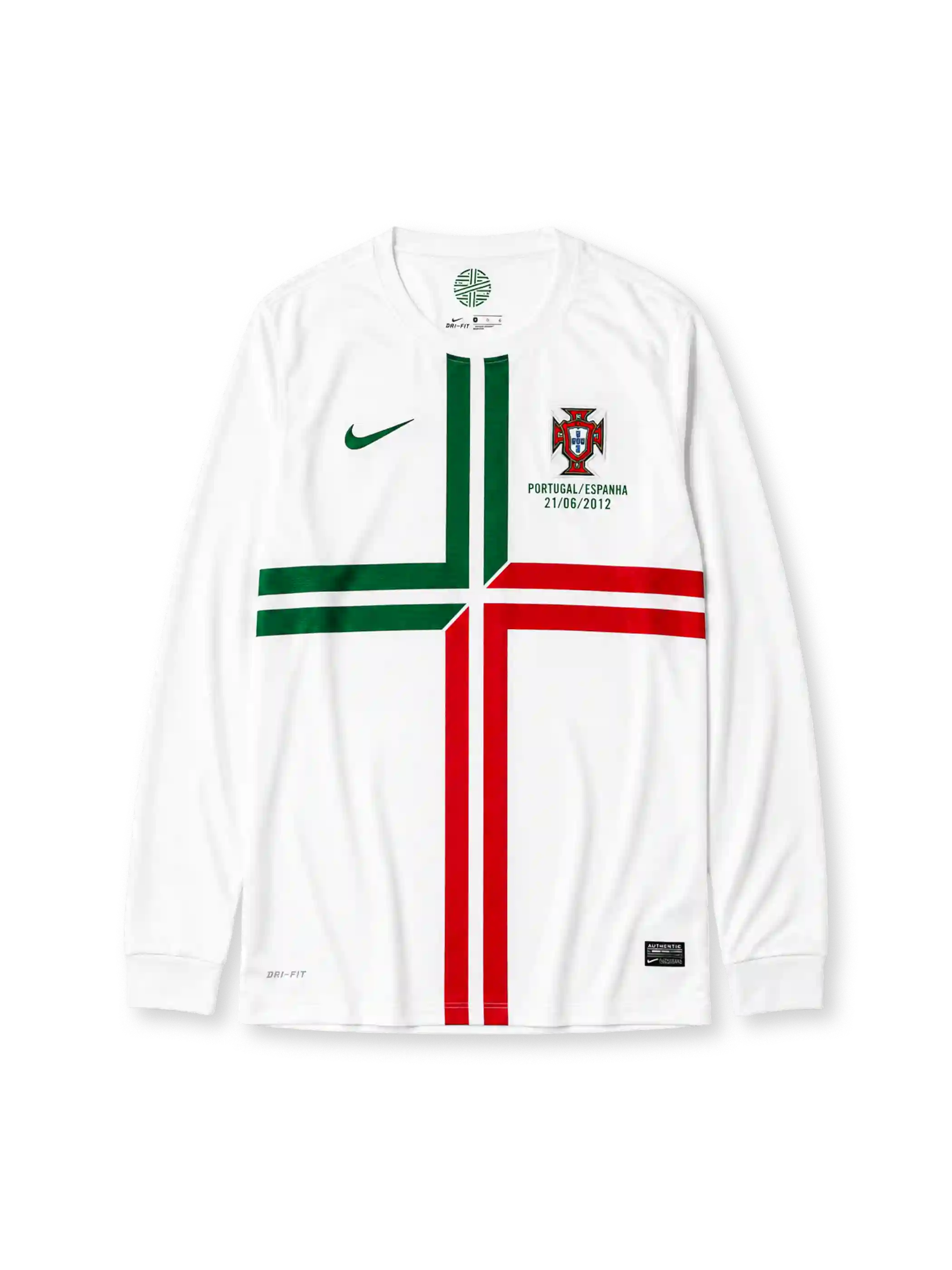 ホワイト地に緑赤の十字ライン、左胸の緑Nikeスウッシュ、右胸のポルトガルエンブレムとPORTUGAL/ESPANHA 27/06/2012の試合記念刺繍を備えたポルトガル代表EURO2012準決勝アウェイ長袖ジャージ正面