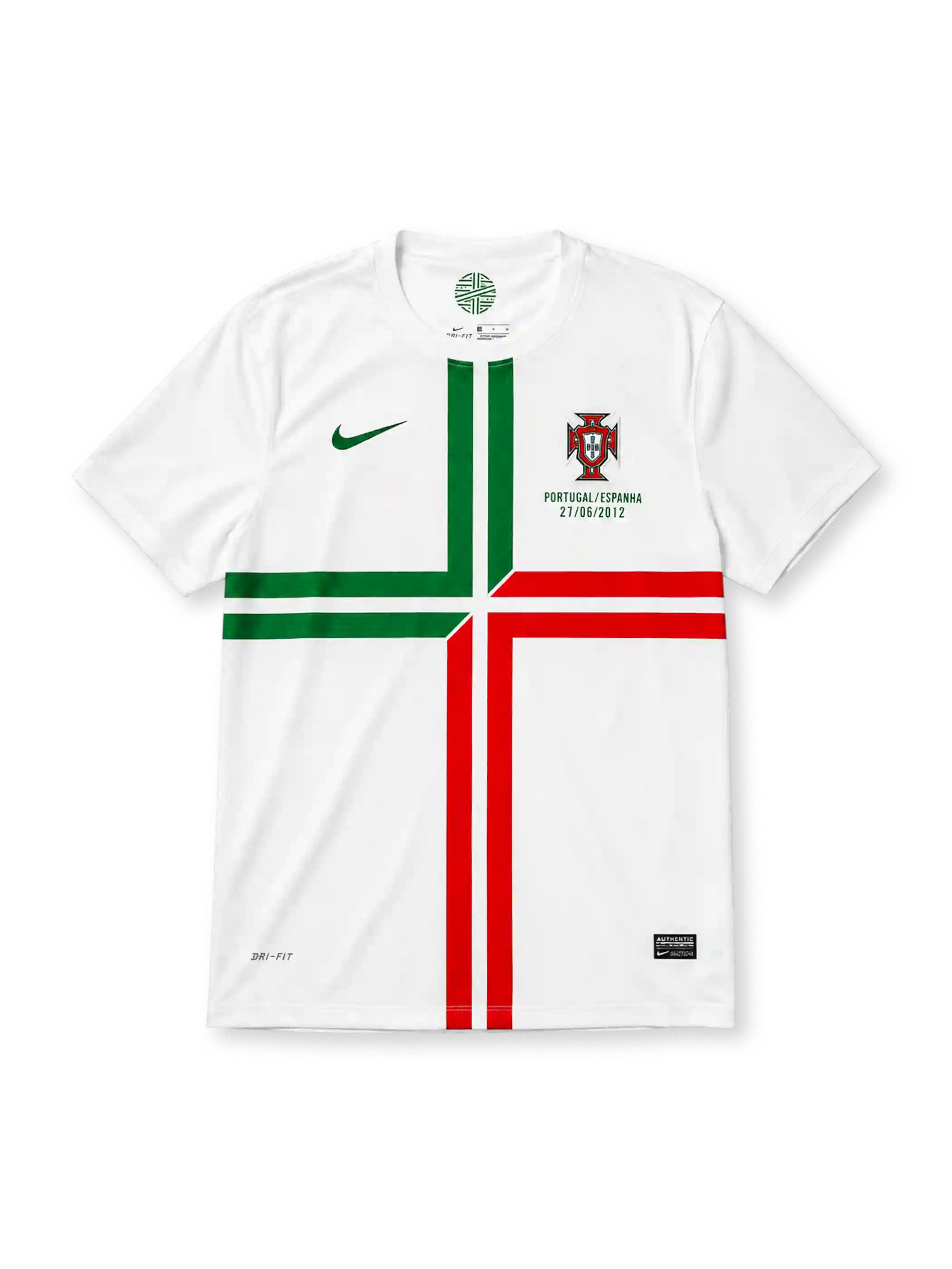 ホワイト地に緑赤の十字ライン、左胸の緑Nikeスウッシュ、右胸のポルトガルエンブレムとPORTUGAL/ESPANHA 27/06/2012の試合記念刺繍を備えたポルトガル代表EURO2012準決勝アウェイジャージ正面