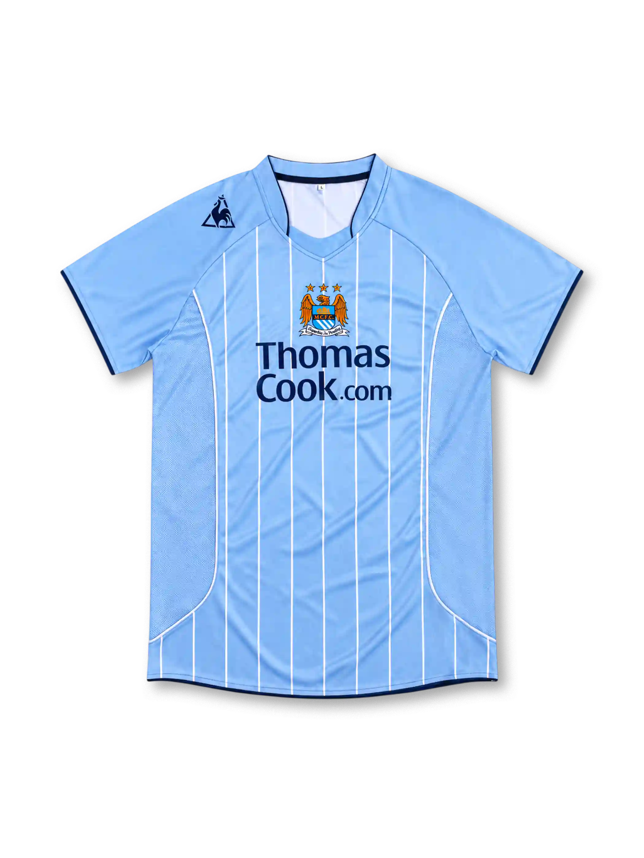 マンチェスター・シティ 2007-08 ホーム ユニフォーム スカイブルー 白ピンストライプ Thomas Cook.com ル・コック・スポルティフ