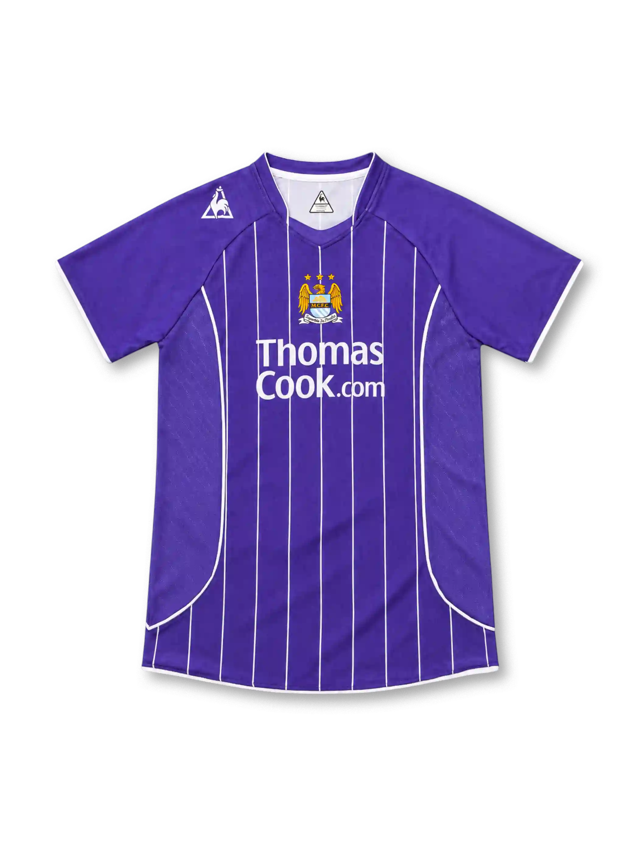 マンチェスター・シティ 2007-08 アウェイ ユニフォーム パープル 白ピンストライプ Thomas Cook.com ル・コック・スポルティフ