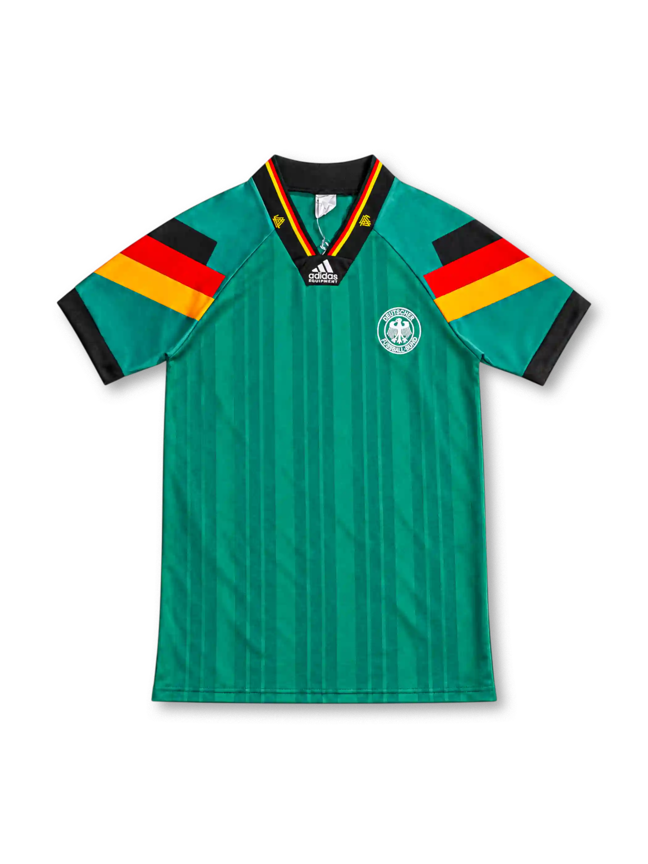 ドイツ代表 1992 アウェイユニフォーム グリーン 袖の黒赤金ブロック 国旗カラーVネック アディダス製 DFBエンブレム
