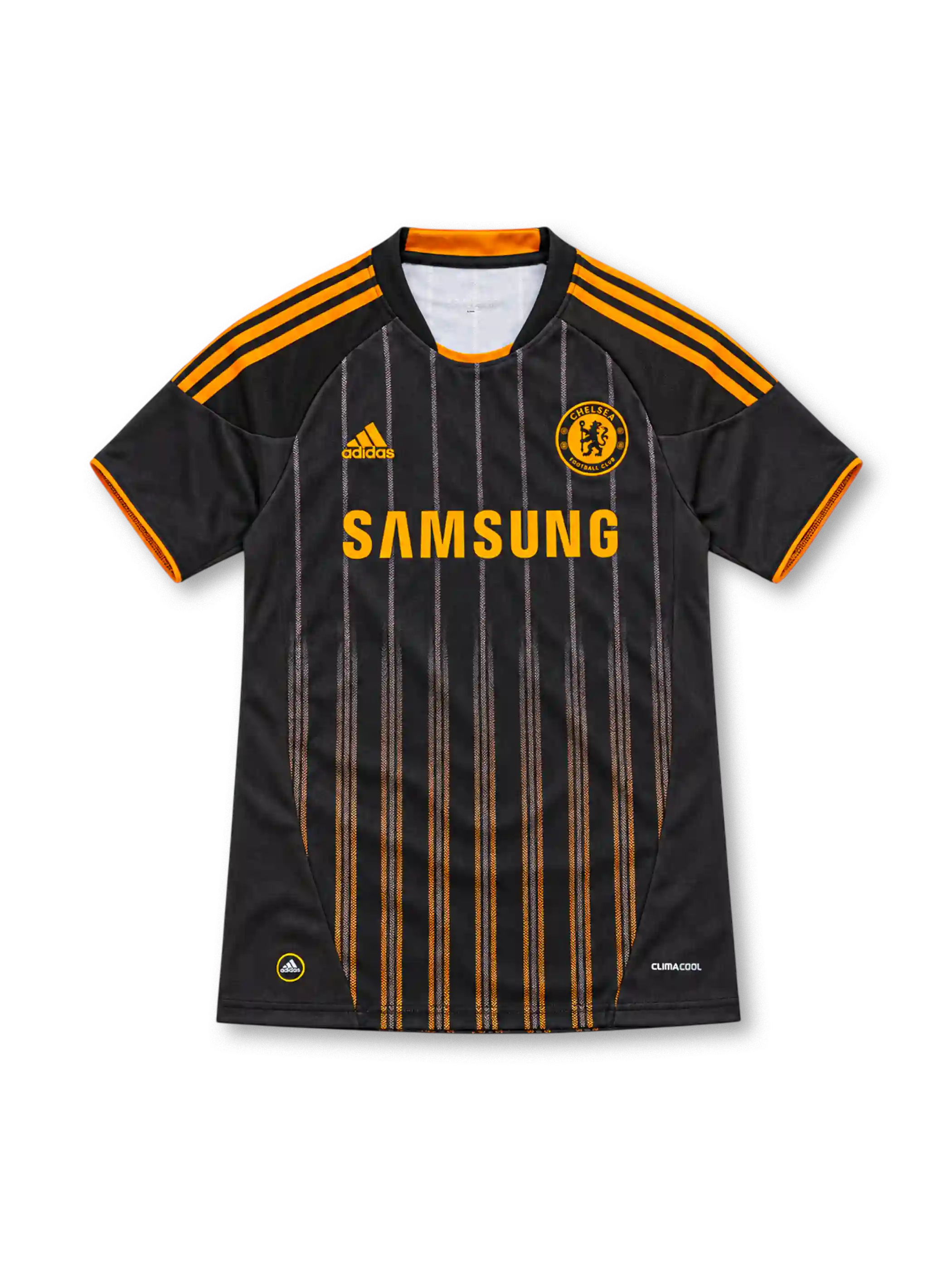 10/11 チェルシー アウェイ adidas製 黒地にオレンジの縦ピンストライプとSAMSUNGロゴが入ったレトロサッカーユニフォーム