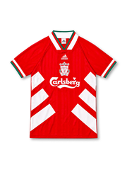 93/95 リバプール ホーム adidas製 白い斜め帯とCarlsbergロゴが入った赤いレトロサッカーユニフォーム