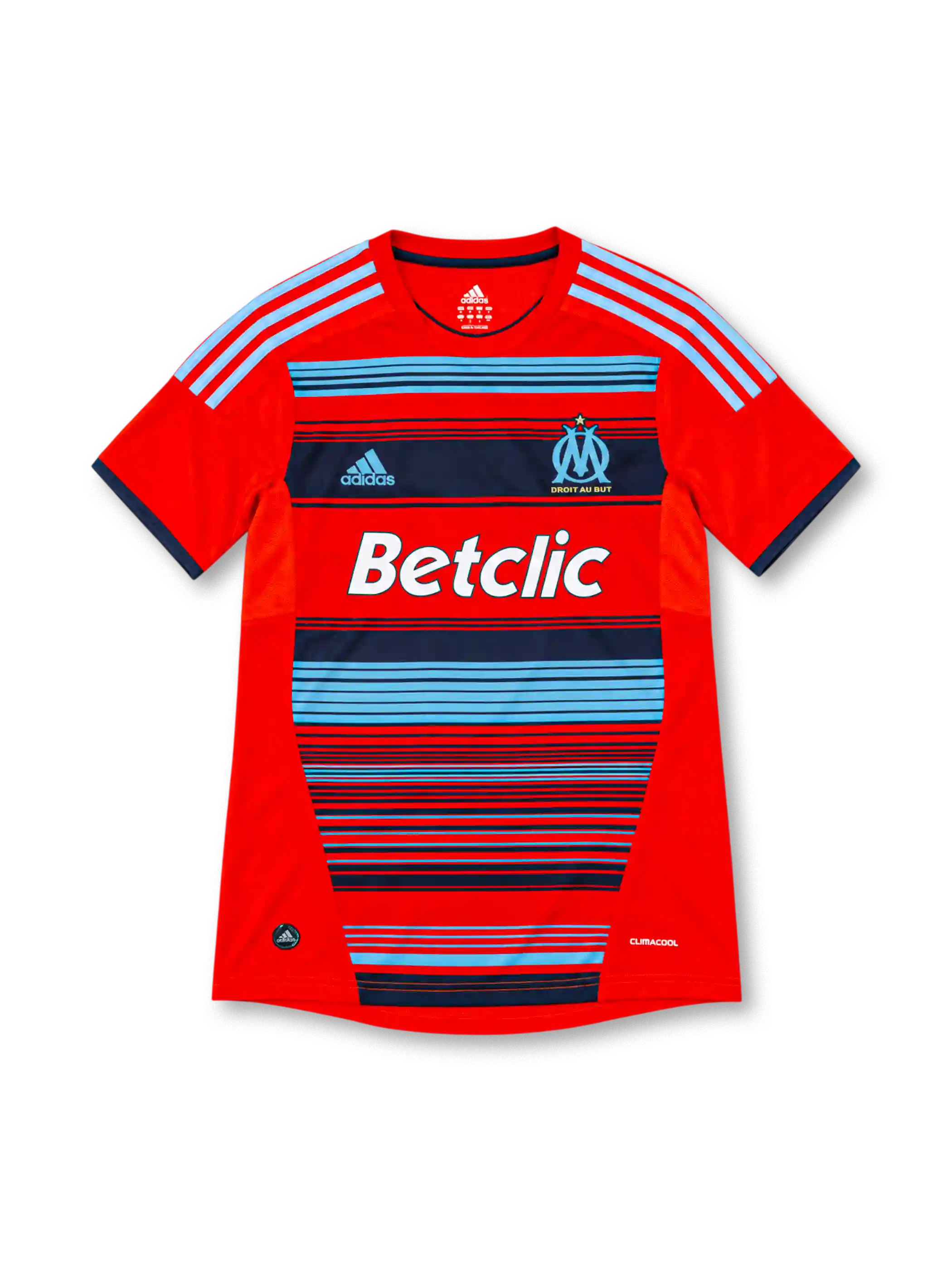 11/12 マルセイユ サード adidas製 スカイブルーとネイビーの横ラインとBetclicロゴが入った赤いレトロサッカーユニフォーム