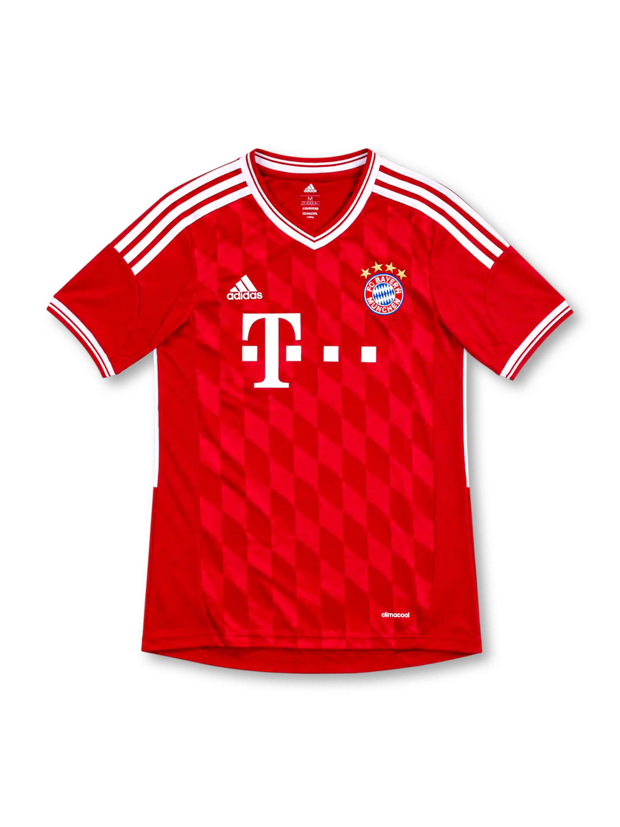 バイエルン・ミュンヘン 2013/14 ホームユニフォーム。レッドのボディに白のスリーストライプ、クラブエンブレム、adidasロゴ、T-Mobileスポンサー、ダイヤ柄を配したデザイン。