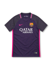 FCバルセロナ 2016/17 アウェイユニフォーム パープル ダークグレーの袖 ピンクのサイドライン ナイキ製 QATAR AIRWAYSスポンサー