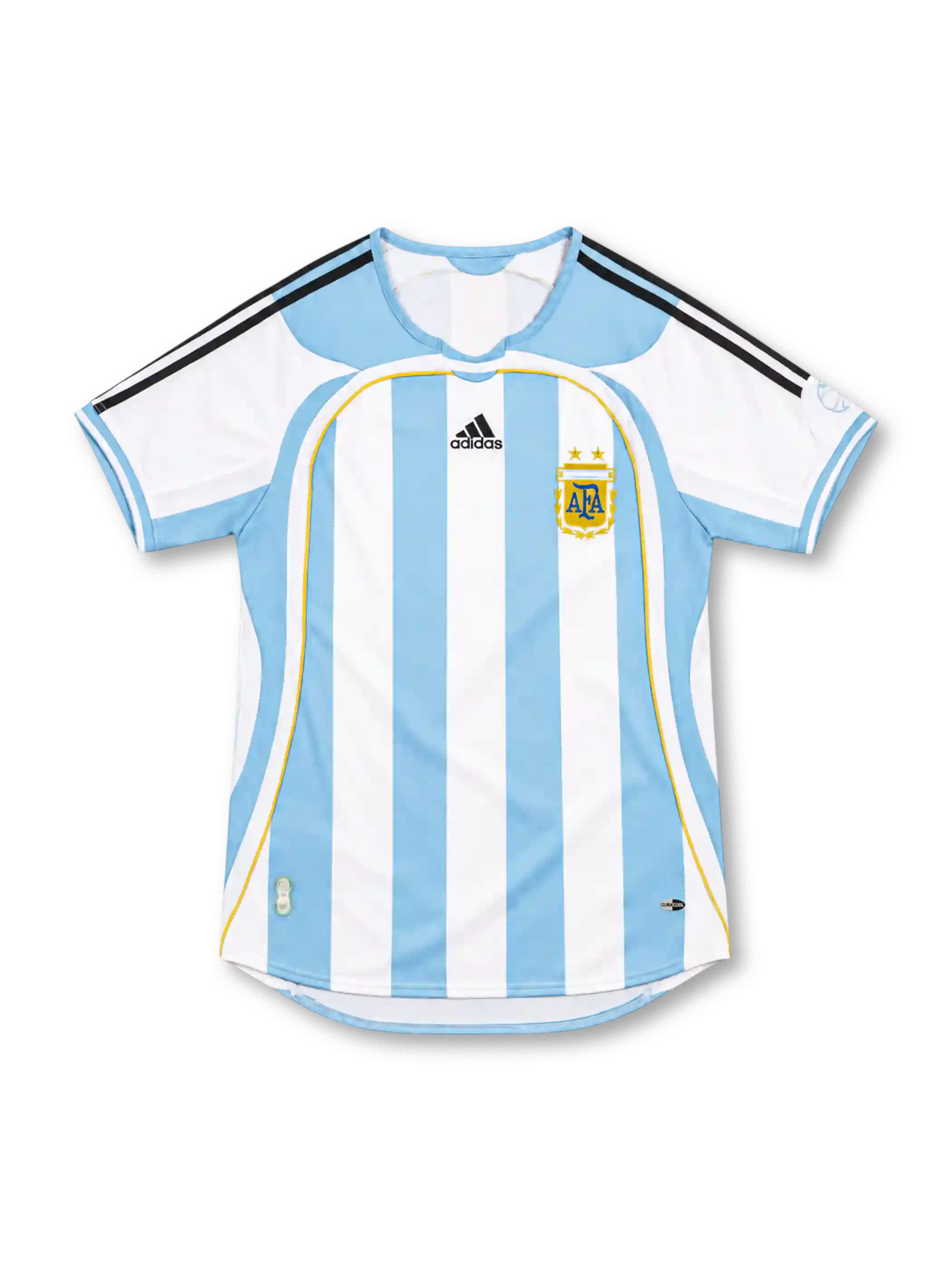 アルゼンチン代表 2006 ホームユニフォーム 水色と白の縦縞 金色のパイピング 黒のスリーストライプ アディダス製 ドイツW杯モデル