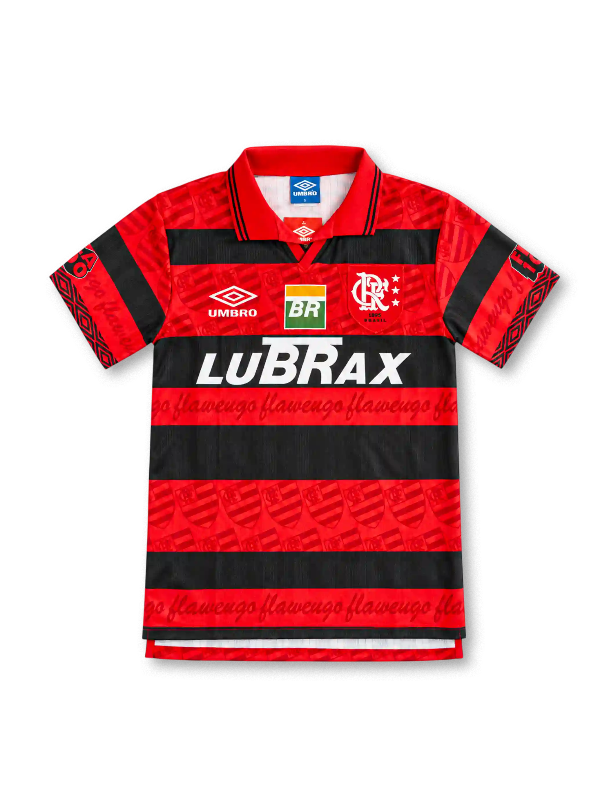 フラメンゴ 1995 ホームユニフォーム 赤と黒のフープ エンブレムの透かし柄 アンブロ製 LUBRAXスポンサー